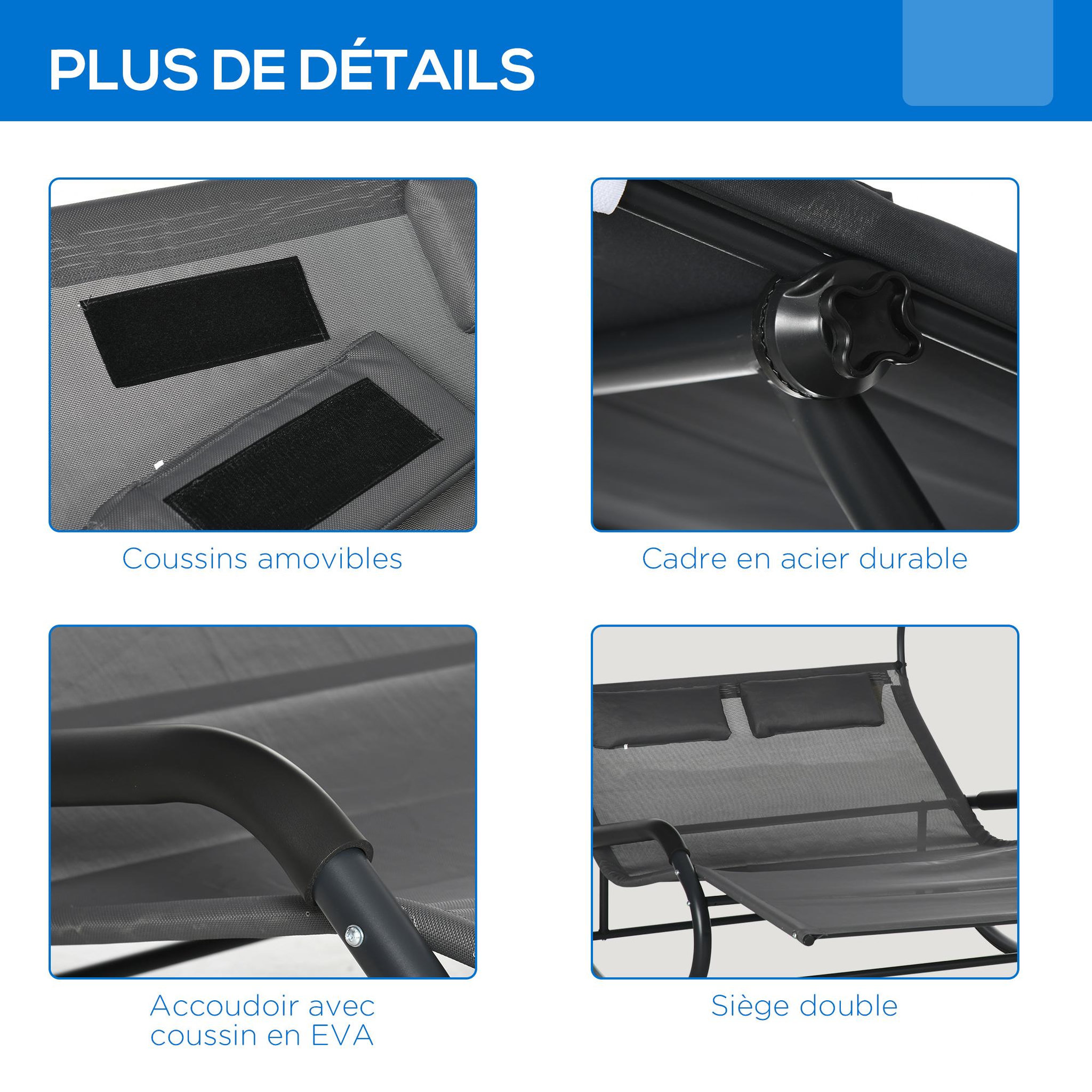 Voir la diapositive 5 : OUTSUNNY Bain de soleil 2 places à bascule design - auvent, accoudoirs, butées, roulettes - acier textilène tissu anthracite