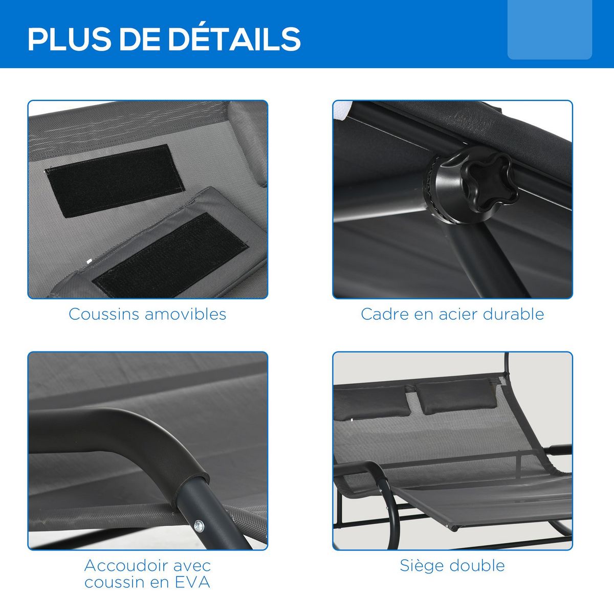 OUTSUNNY Bain de soleil 2 places à bascule design - auvent, accoudoirs, butées, roulettes - acier textilène tissu anthracite