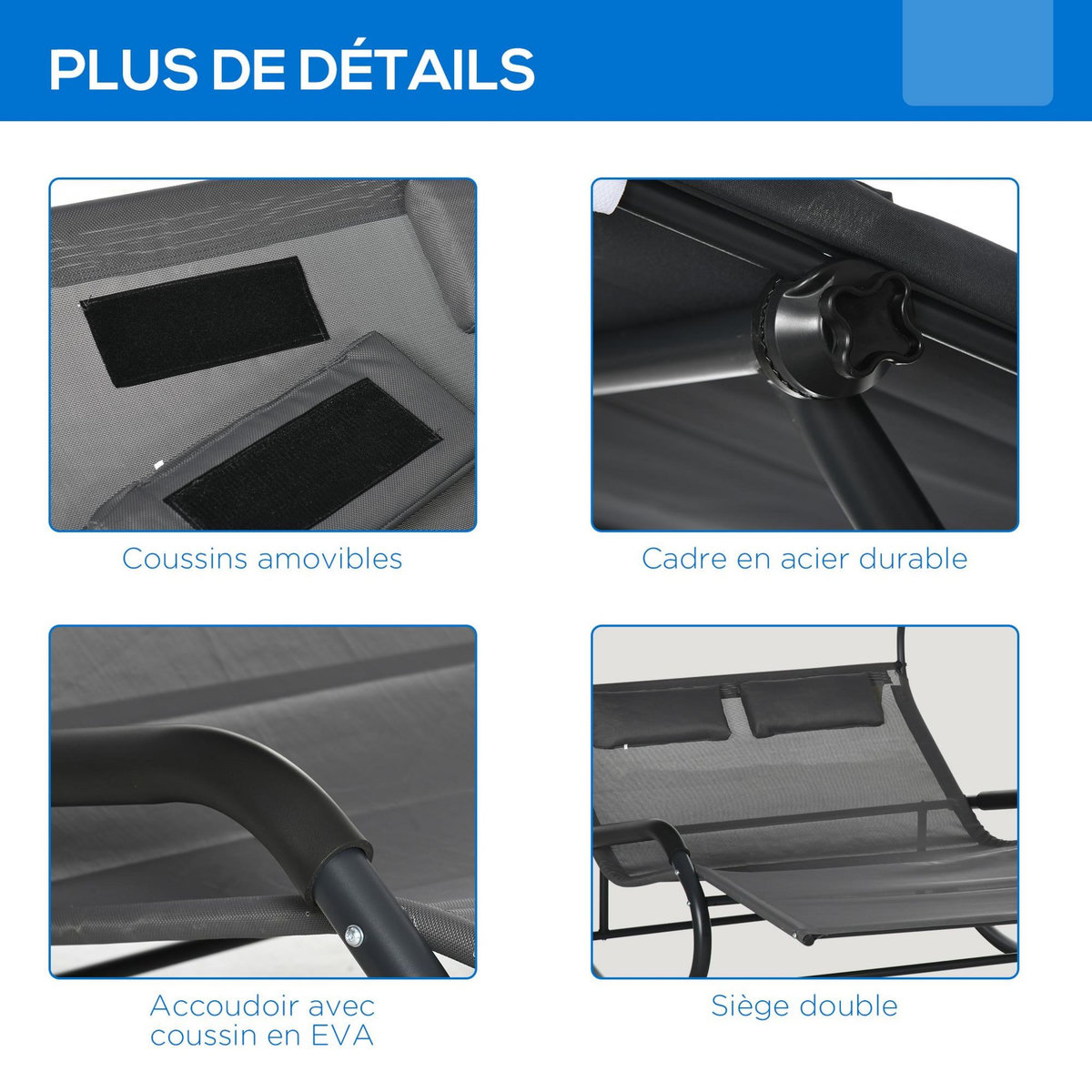 OUTSUNNY Bain de soleil 2 places à bascule design - auvent, accoudoirs, butées, roulettes - acier textilène tissu anthracite