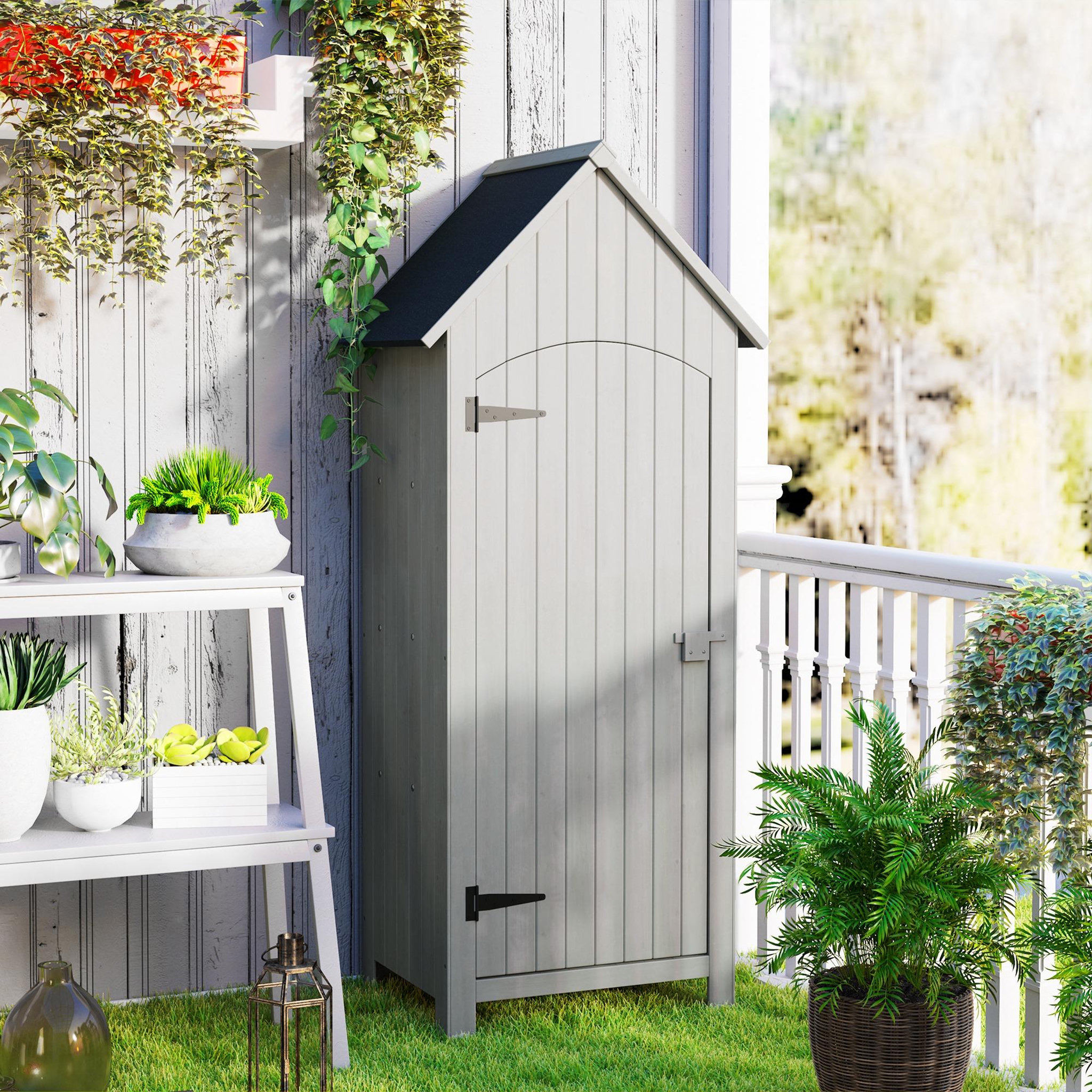 Voir la diapositive 2 : OUTSUNNY Armoire abri de jardin remise pour outils 3 étagères porte loquet toit pente bitumé dim. 77L x 54l x 179H cm bois sapin pré-huilé gris