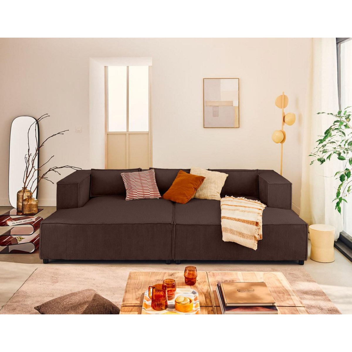 LISA DESIGN Stella - canapé droit 3 places avec double méridienne - assise profonde - en velours côtelé