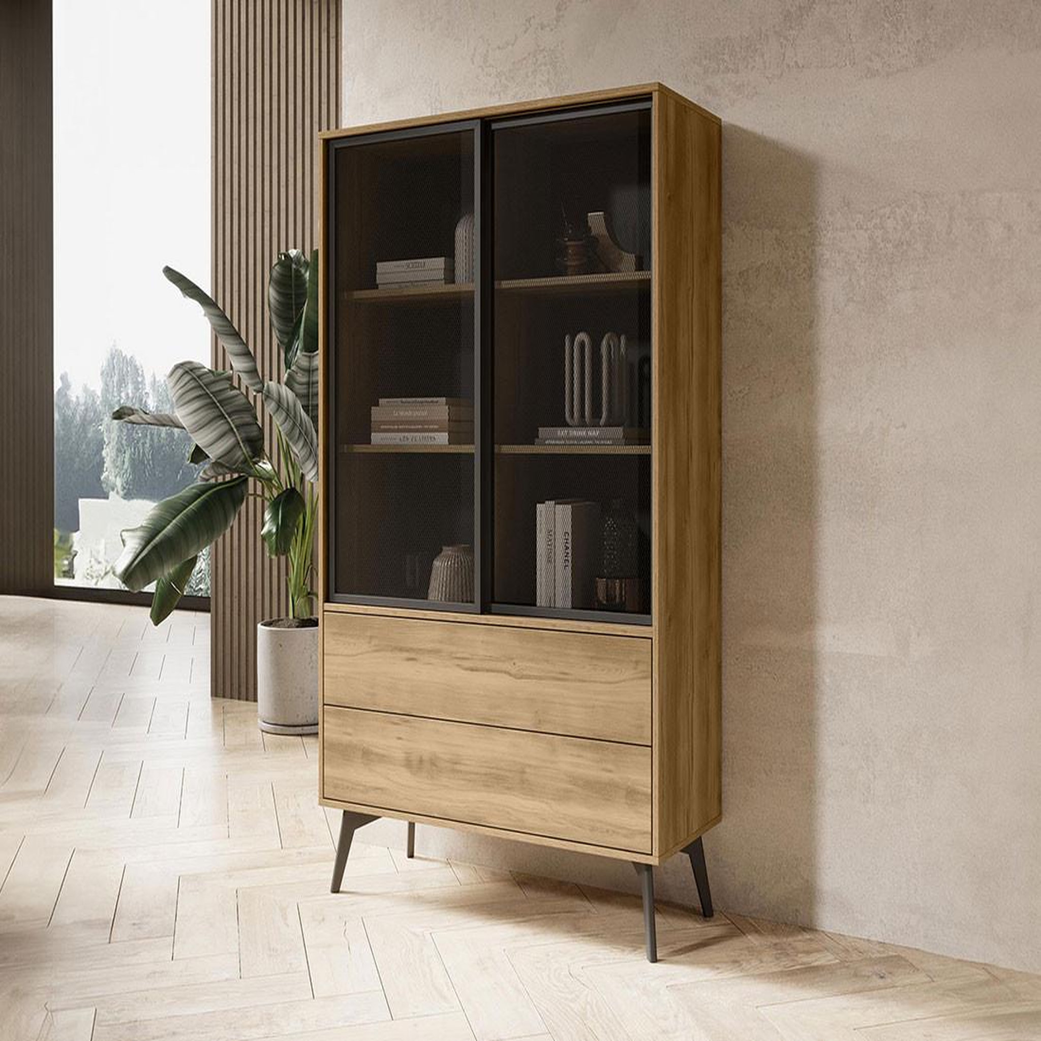 Voir la diapositive 1 : BEST MOBILIER Larry - vitrine - 2 portes et 2 tiroirs - effet bois et métal noir - 144 cm