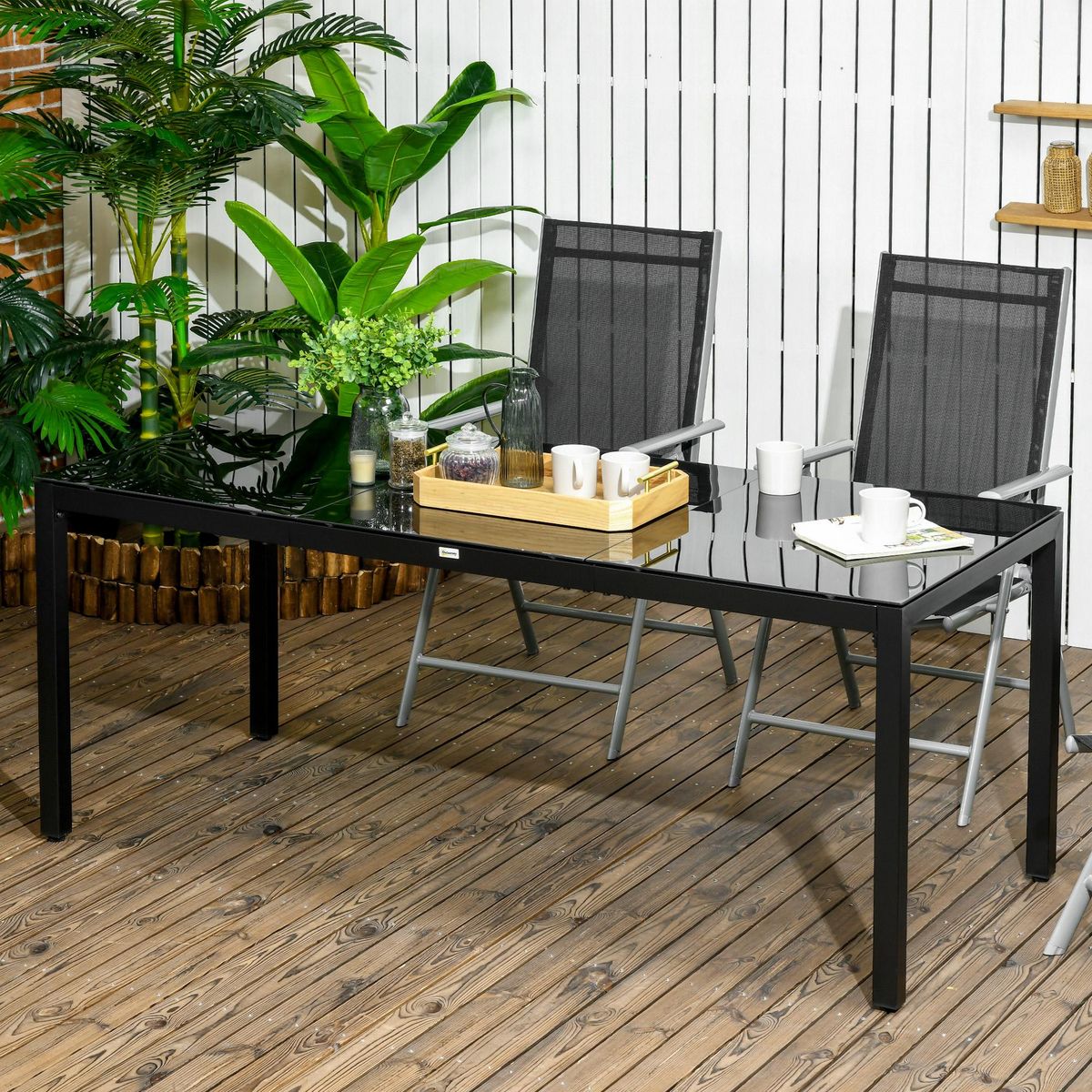 OUTSUNNY Table de jardin rectangulaire 8 personnes dim. 180L x 80l x 72H cm alu. plateau verre trempé noir