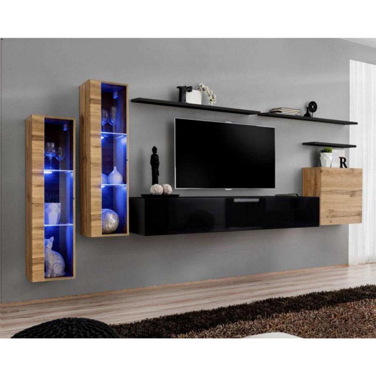 Paris Prix Meuble TV Mural Design  Switch XI  330cm Naturel & Noir