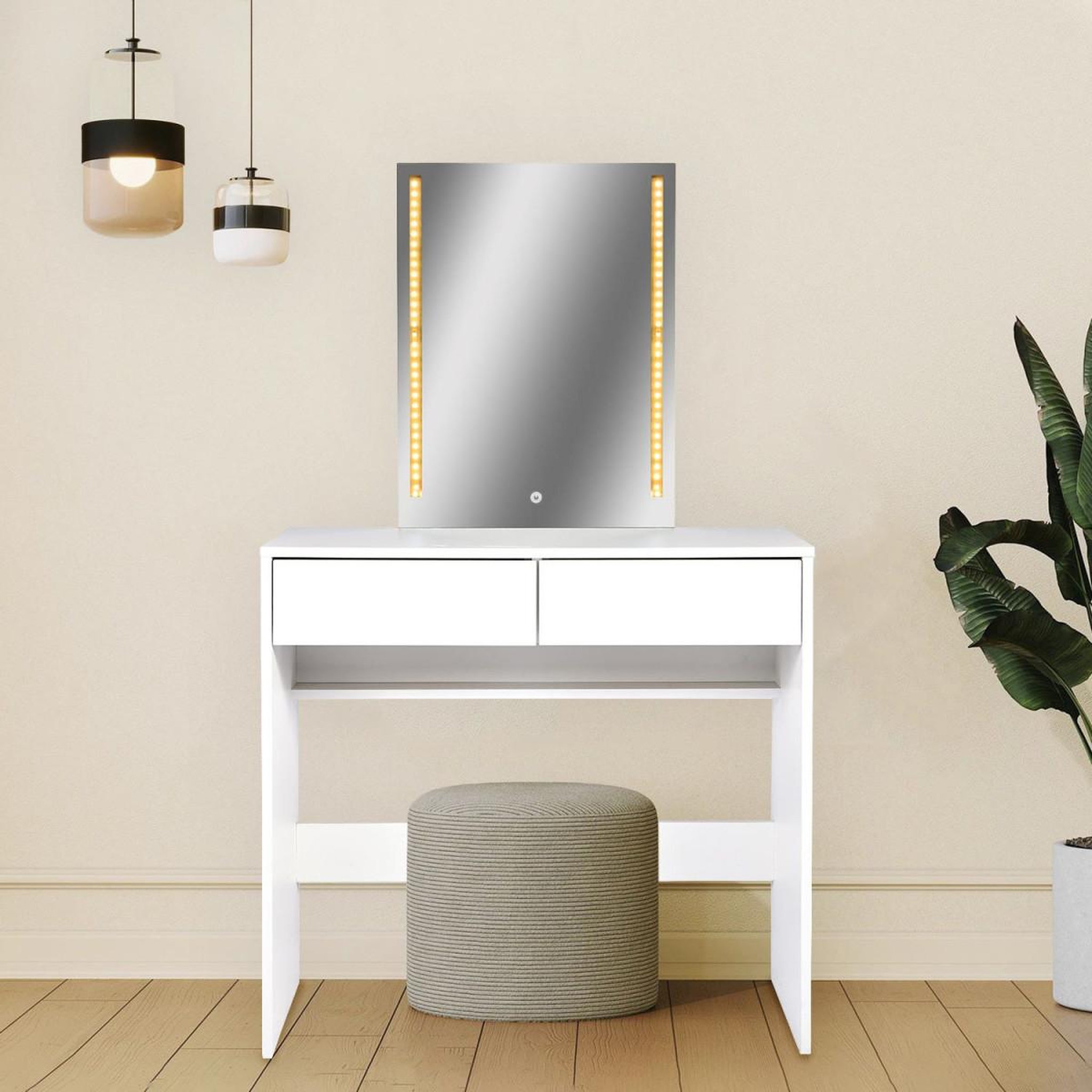 Voir la diapositive 5 : Paris Prix Coiffeuse 2 tiroirs avec miroir led  talia  136cm blanc