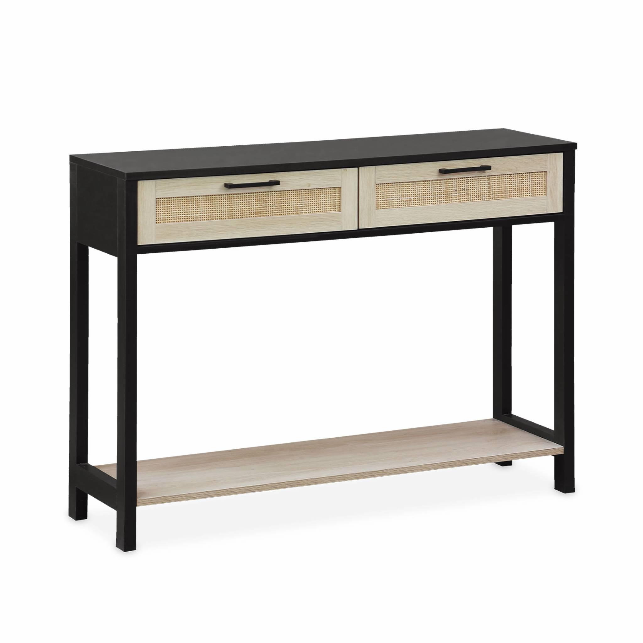 Voir la diapositive 1 : SWEEEK Console décor bois noir et cannage 100 x 30 x 75cm - Bianca - 2 tiroirs - 1 étagère