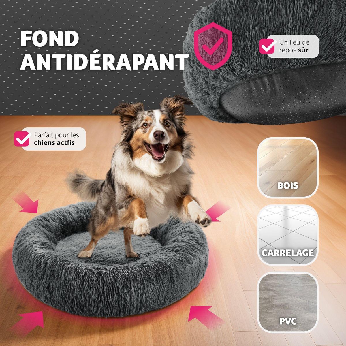 tectake Panier pour chien rond avec maille peluche longue gris Ø 60 cm