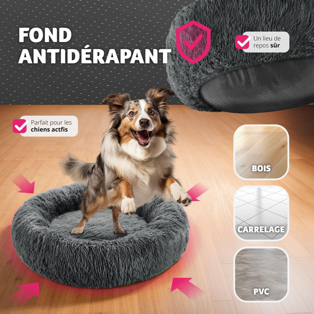 tectake Panier pour chien rond avec maille peluche longue gris Ø 60 cm