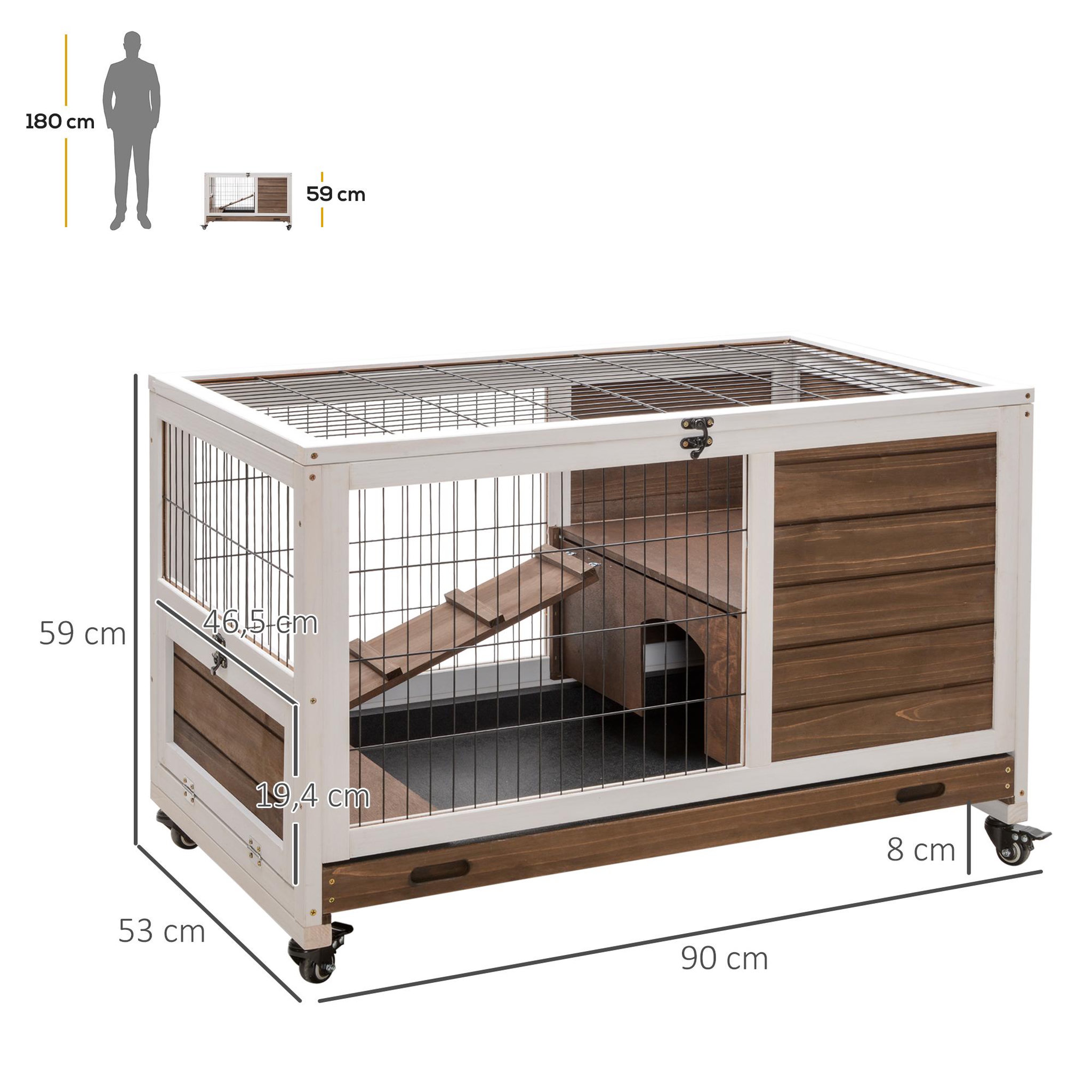 Voir la diapositive 3 : PAWHUT Clapier à lapin sur roulettes cage à lapin 2 étages porte verrouillable toit ouvrant plateau coulissant rampe bois de sapin marron blanc