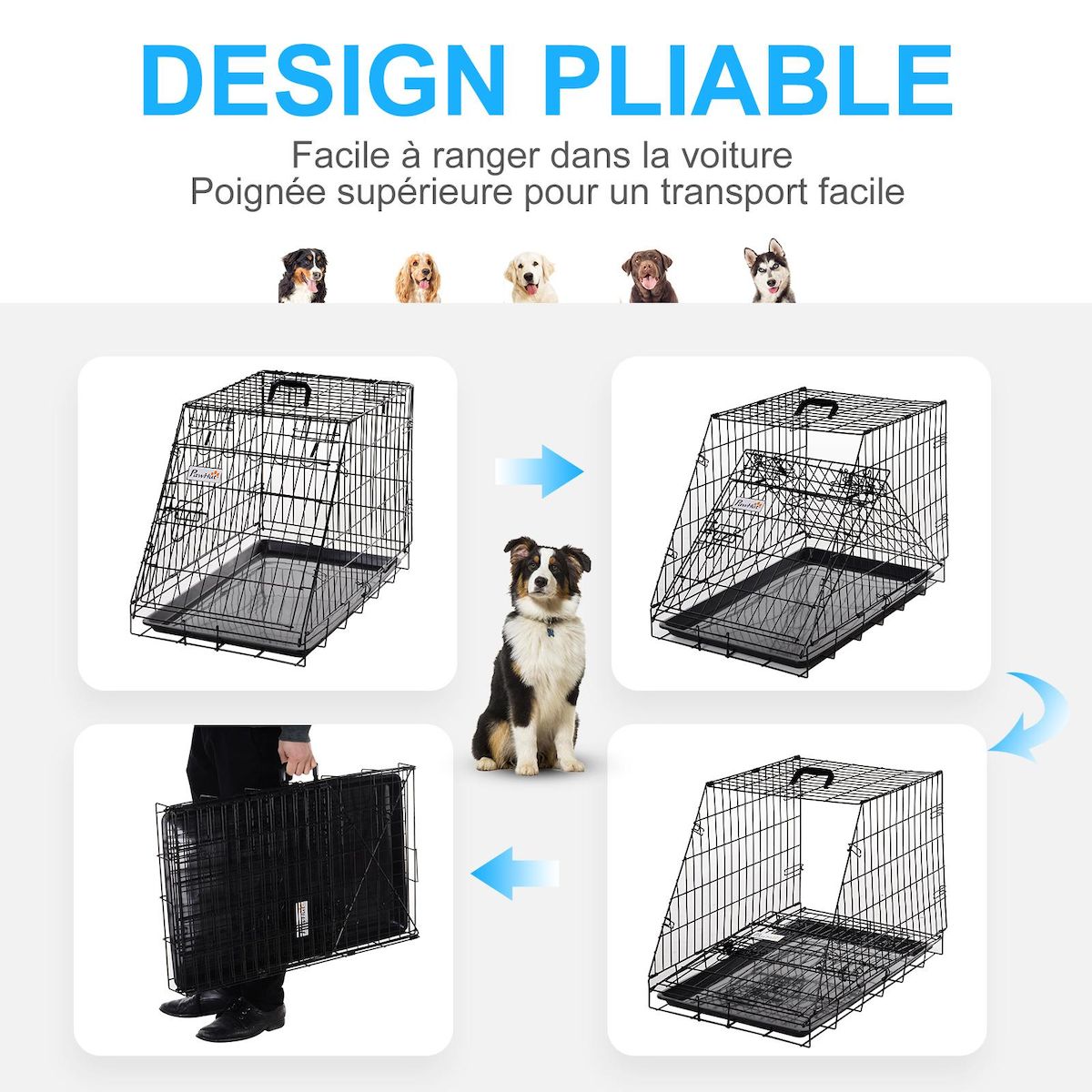 PAWHUT Cage de transport pour chien taille L dim. 76L x 48l x 55H cm métal noir