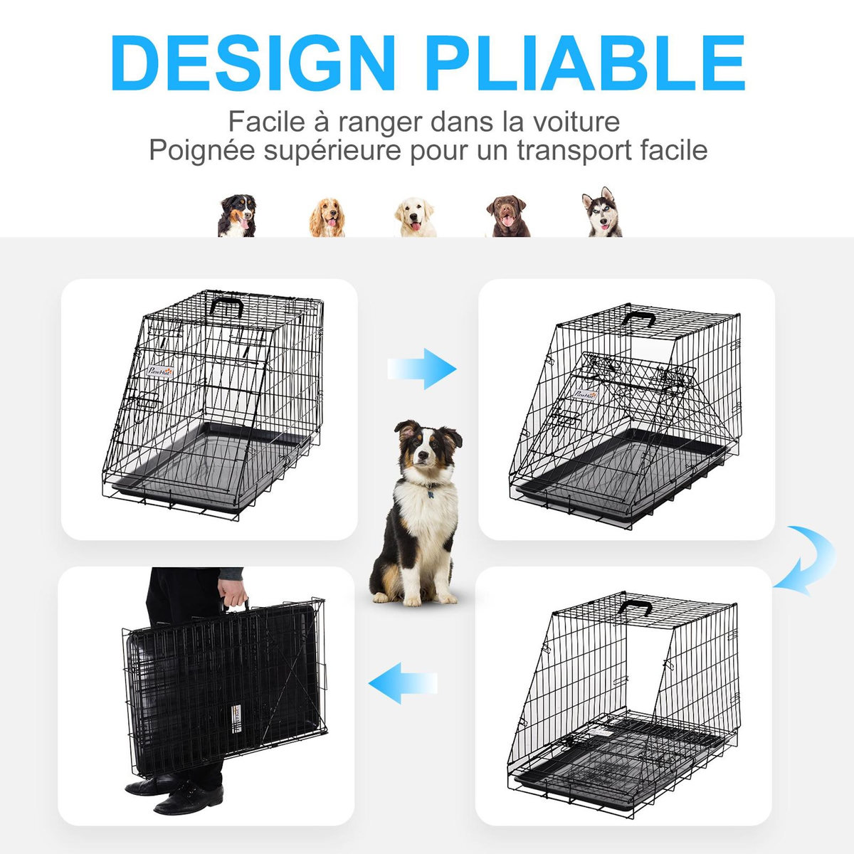 PAWHUT Cage de transport pour chien taille L dim. 76L x 48l x 55H cm métal noir