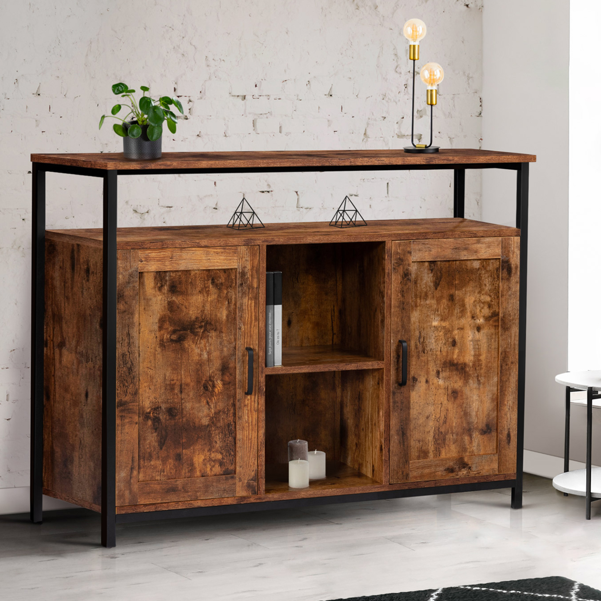 Voir la diapositive 2 : ID MARKET Buffet 100 cm dayton  2 portes avec étagères effet vieilli design industriel