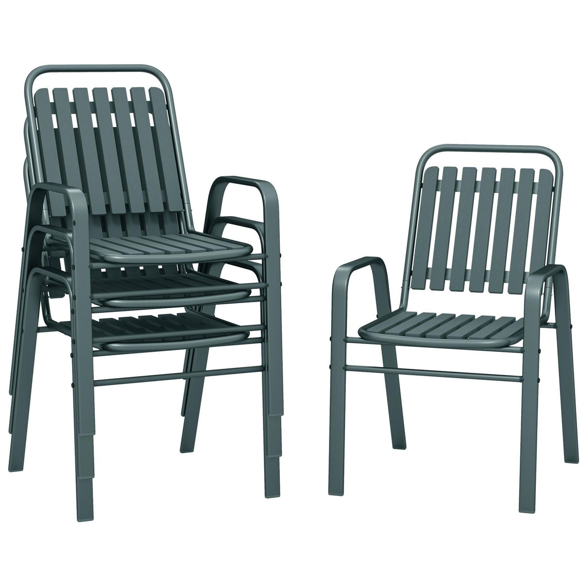 OUTSUNNY Lot de 4 chaises de jardin empilables design néo-rétro avec hauts dossiers accoudoirs acier époxy gris