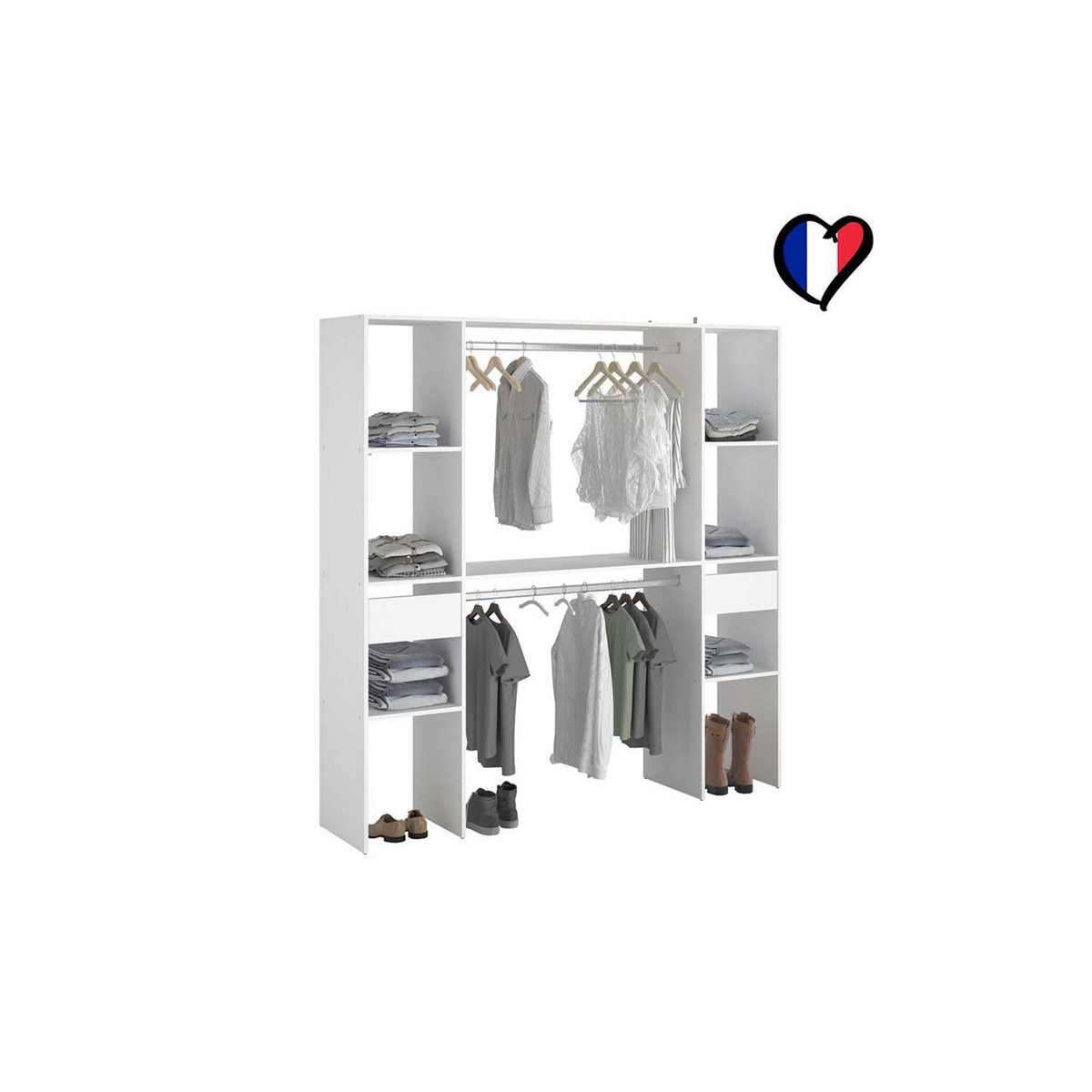 CONCEPT USINE Dressing blanc 6 étagères, 2 tiroirs, 2 penderies 180 x 40 x 180 cm ELYSEE