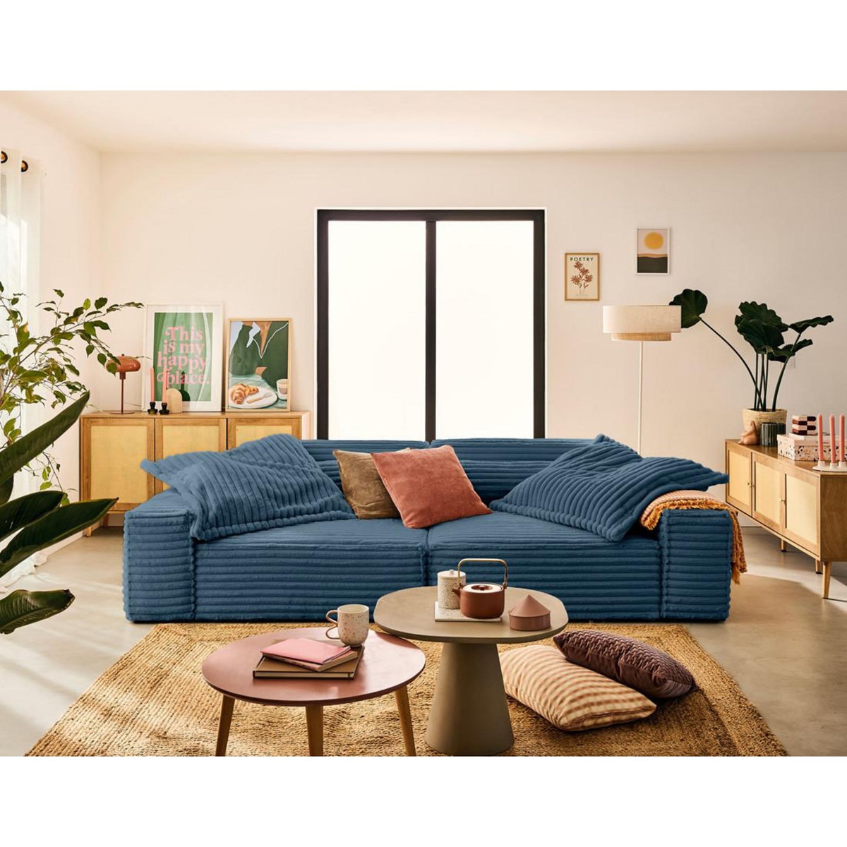 LISA DESIGN Richie - canapé droit 3 places avec double méridienne - assise profonde - en fausse fourrure côtelée