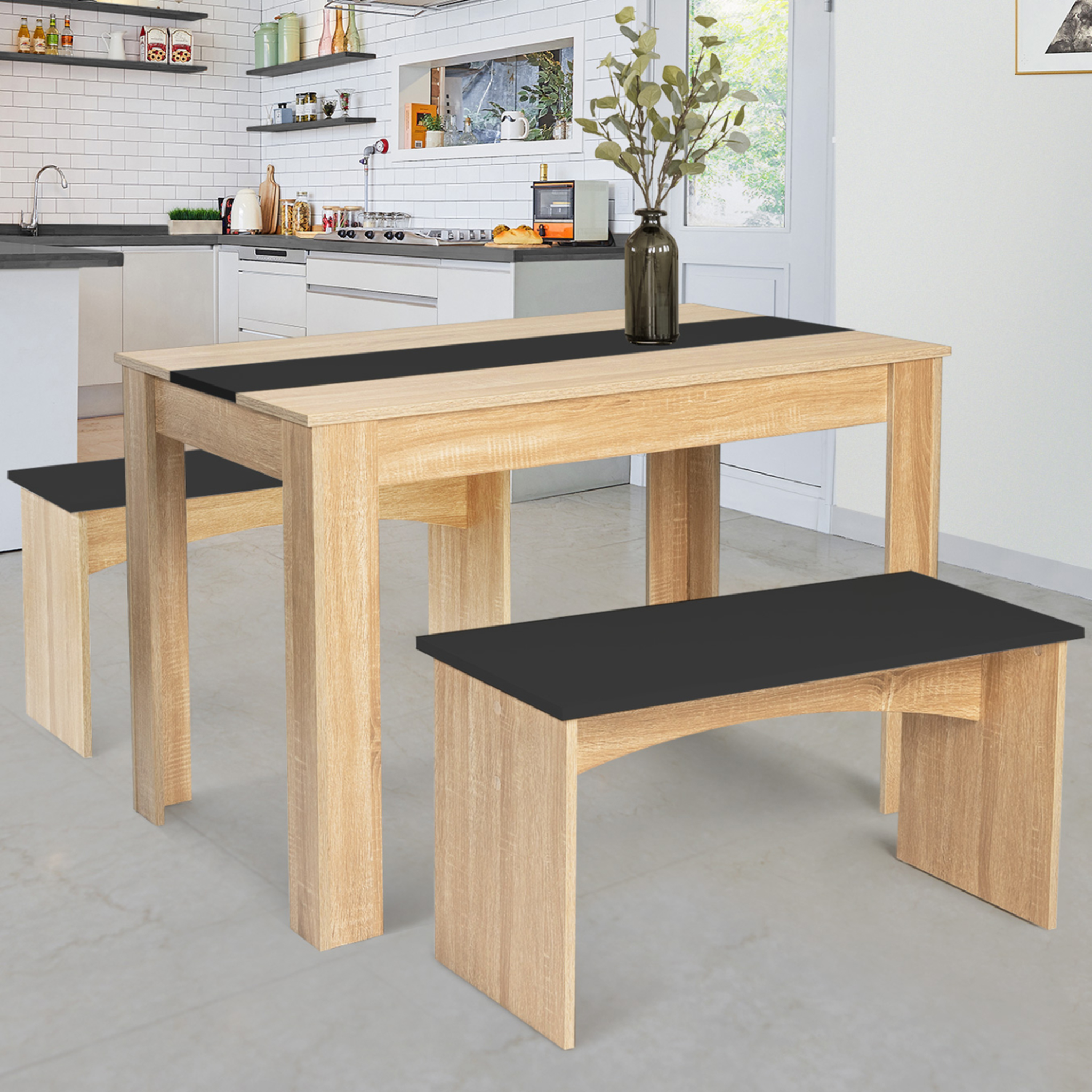Voir la diapositive 2 : ID MARKET Ensemble table à manger et 2 bancs rozy 4 personnes façon hêtre et noir 110 cm