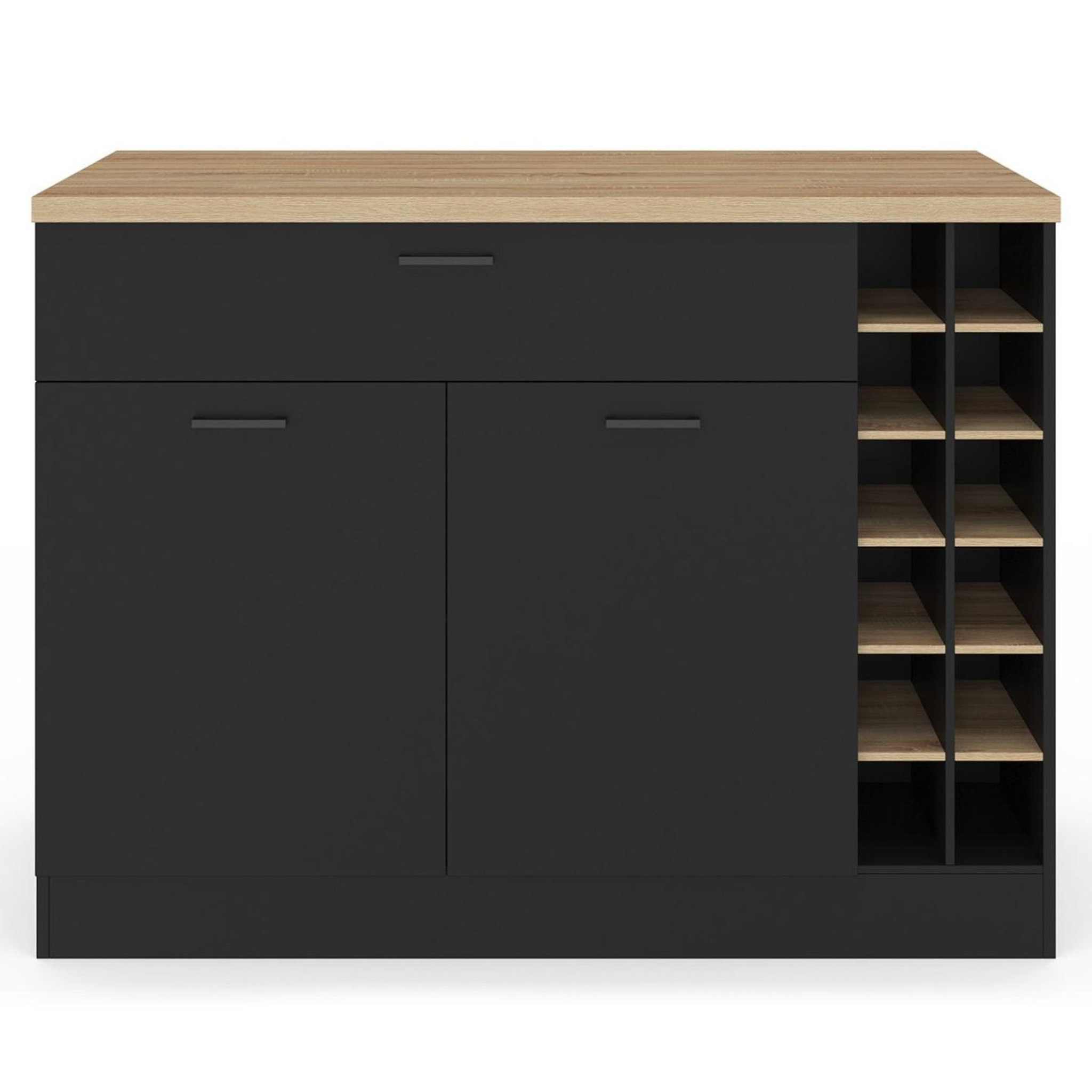 Voir la diapositive 3 : ID MARKET Ilot central george avec range-bouteilles placard et tiroir bois noir avec plan de travail façon hêtre