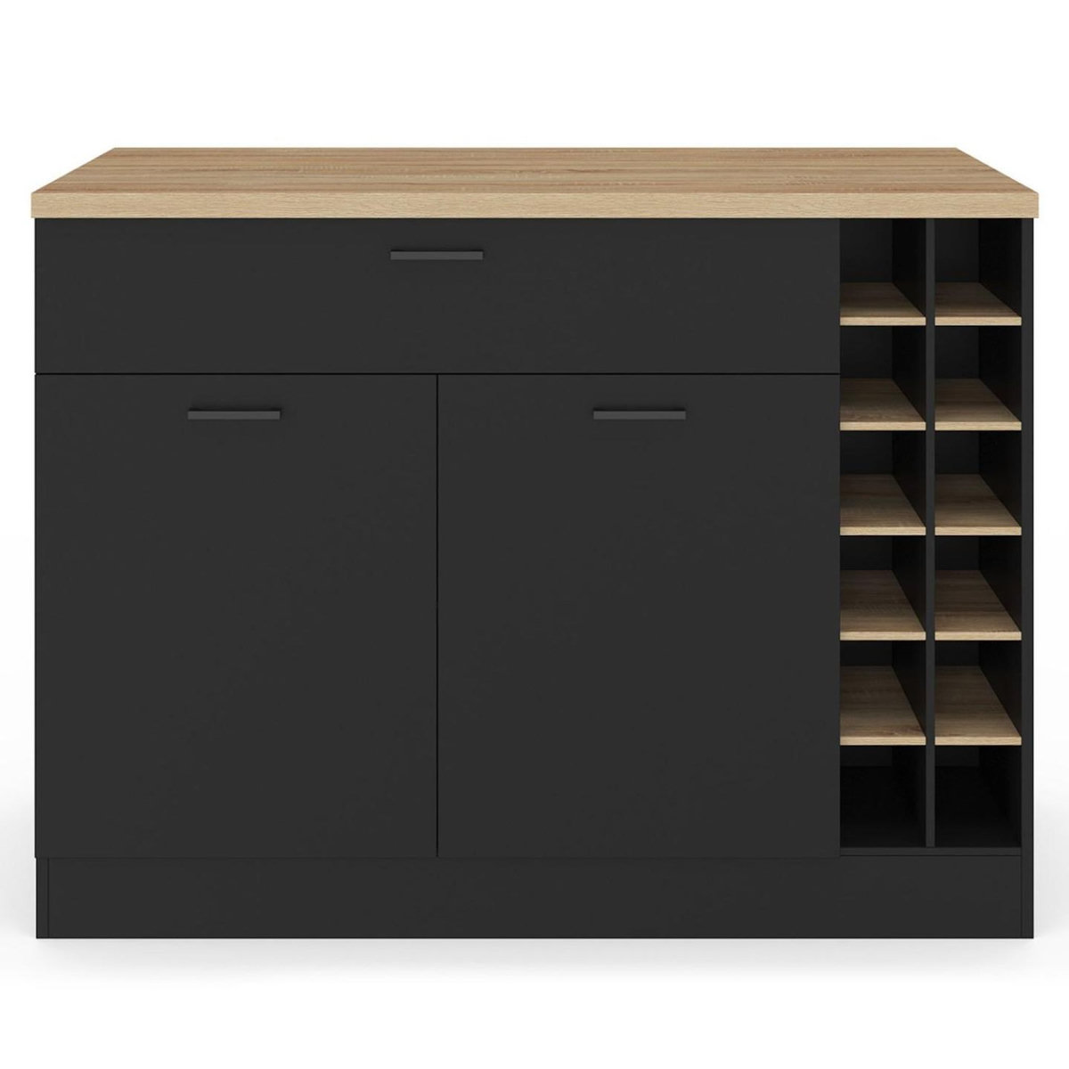 ID MARKET Ilot central GEORGE avec range-bouteilles placard et tiroir bois noir avec plan de travail façon hêtre
