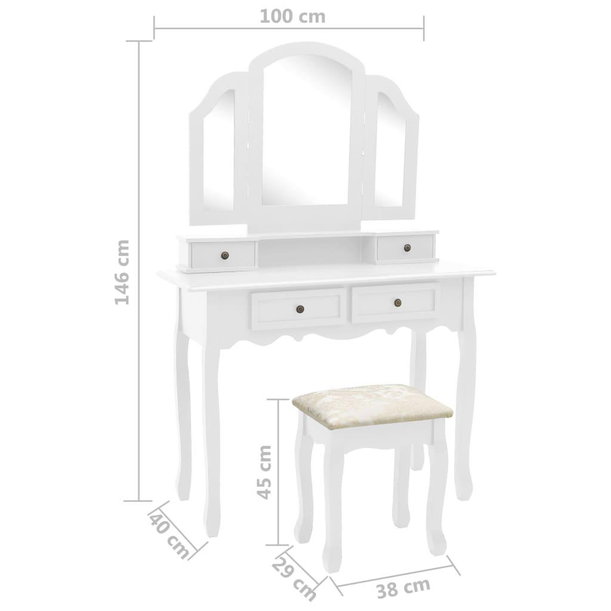 Voir la diapositive 6 : VIDAXL Ensemble de coiffeuse et tabouret Blanc 100x40x146 cm Paulownia
