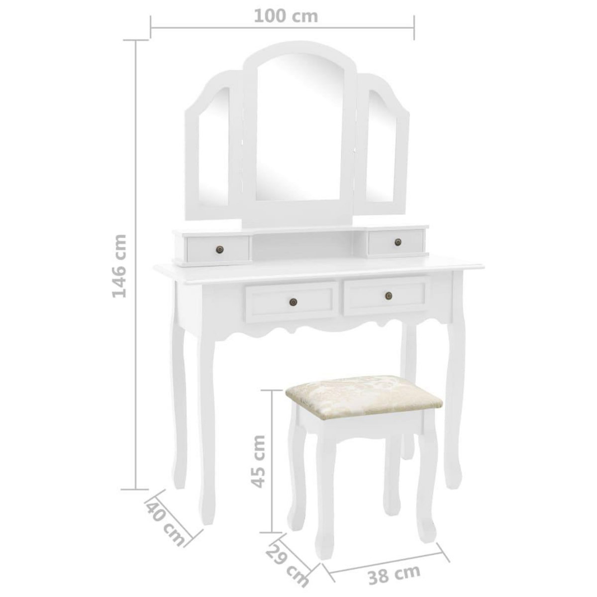 VIDAXL Ensemble de coiffeuse et tabouret Blanc 100x40x146 cm Paulownia