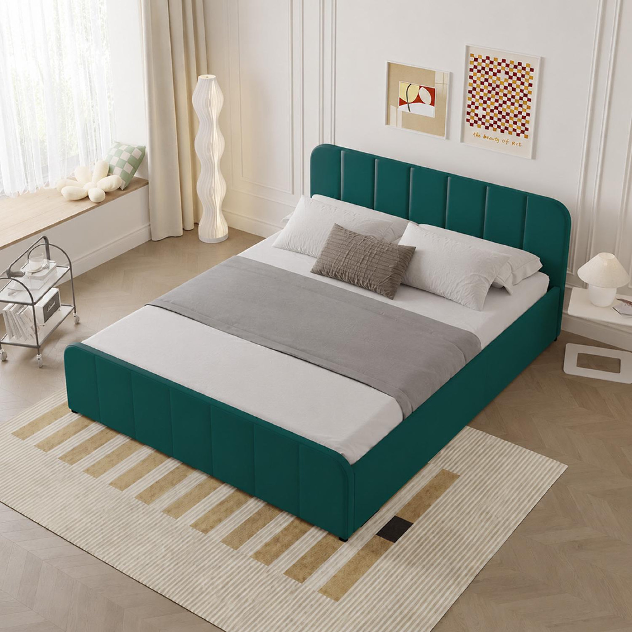 Voir la diapositive 4 : CONCEPT USINE Lit avec coffre de rangement 140x190cm en velours vert tampa
