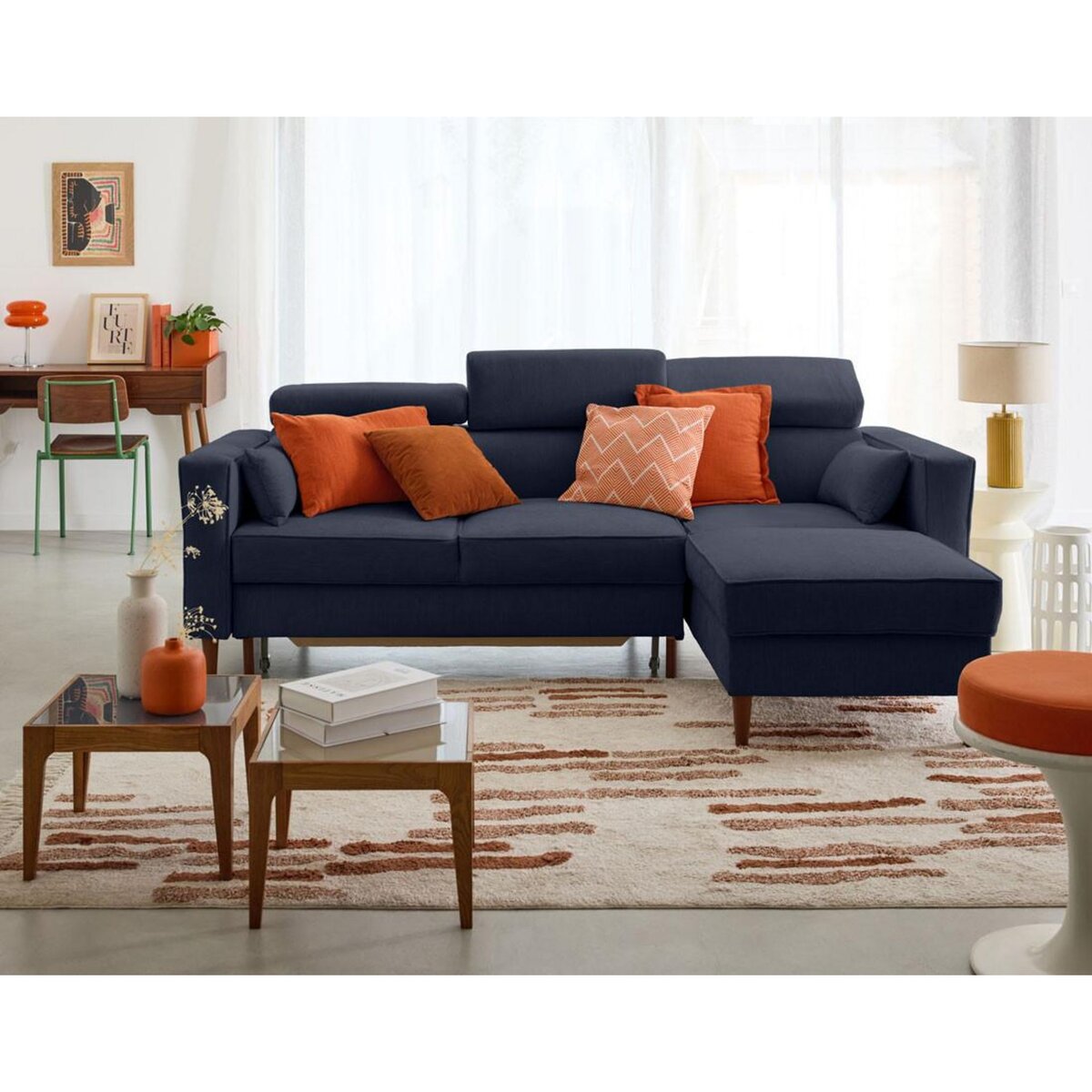 BEST MOBILIER Alicante - canapé d'angle réversible convertible avec têtières - coffre - 4 places - en tissu texturé