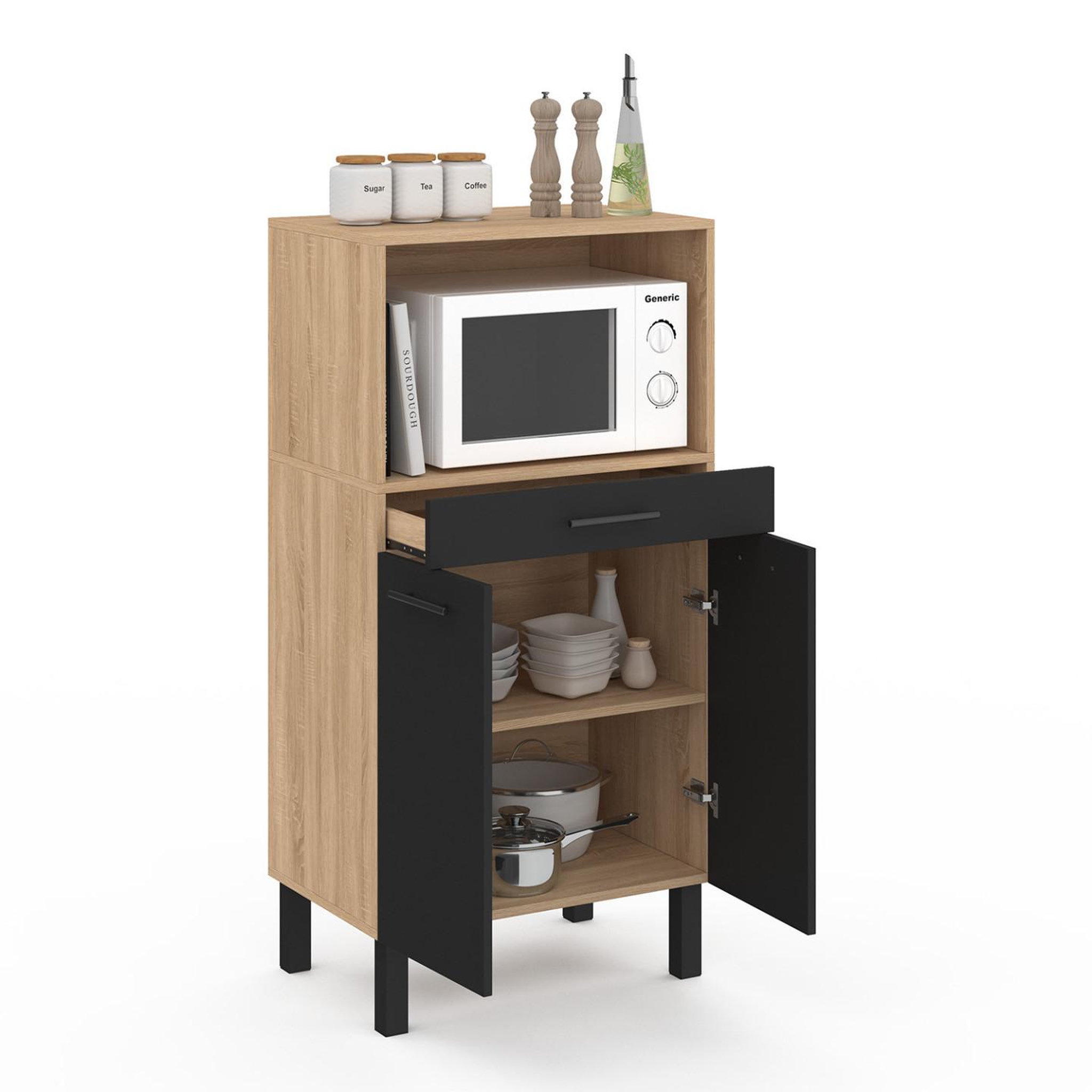 Voir la diapositive 4 : ID MARKET Buffet mi-haut de cuisine pour micro-onde 60 cm cina 1 tiroir 2 portes façon hêtre et noir