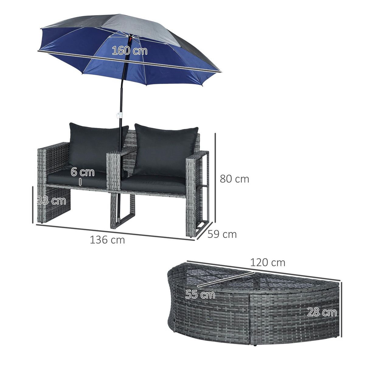 OUTSUNNY Ensemble salon de jardin 2 places 3 pièces - canapé 2 places, repose-pieds, parasol - coussins inclus - résine tressée gris