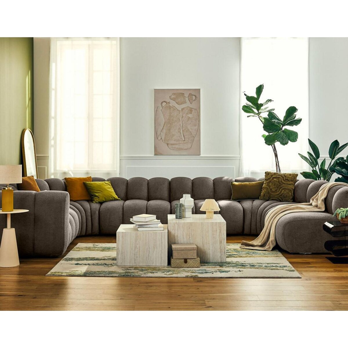 LISA DESIGN Debbie - canapé modulable panoramique d'angle droit 7 places en tissu texturé