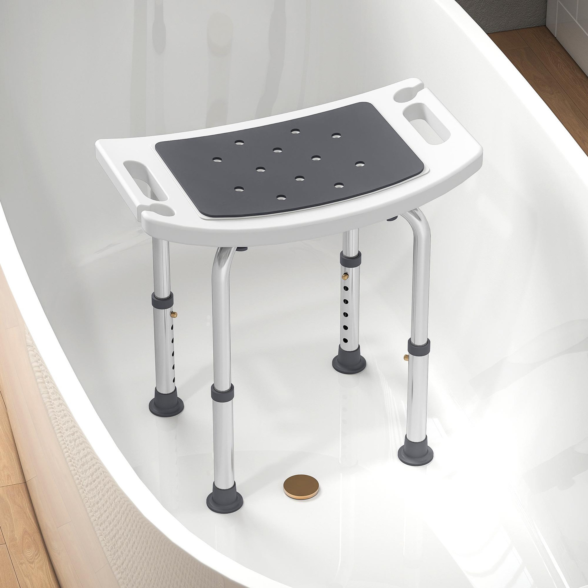 Voir la diapositive 2 : HOMCOM Siège de douche réglable en hauteur tabouret de douche ergonomique pieds antidérapants charge max. 135 kg alu hdpe blanc gris