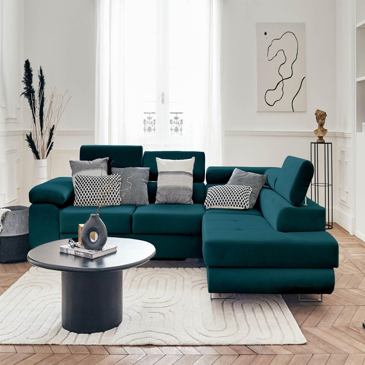 BEST MOBILIER Pablo - canapé d'angle droit - 5 places - convertible avec coffre et têtières réglables - en velours