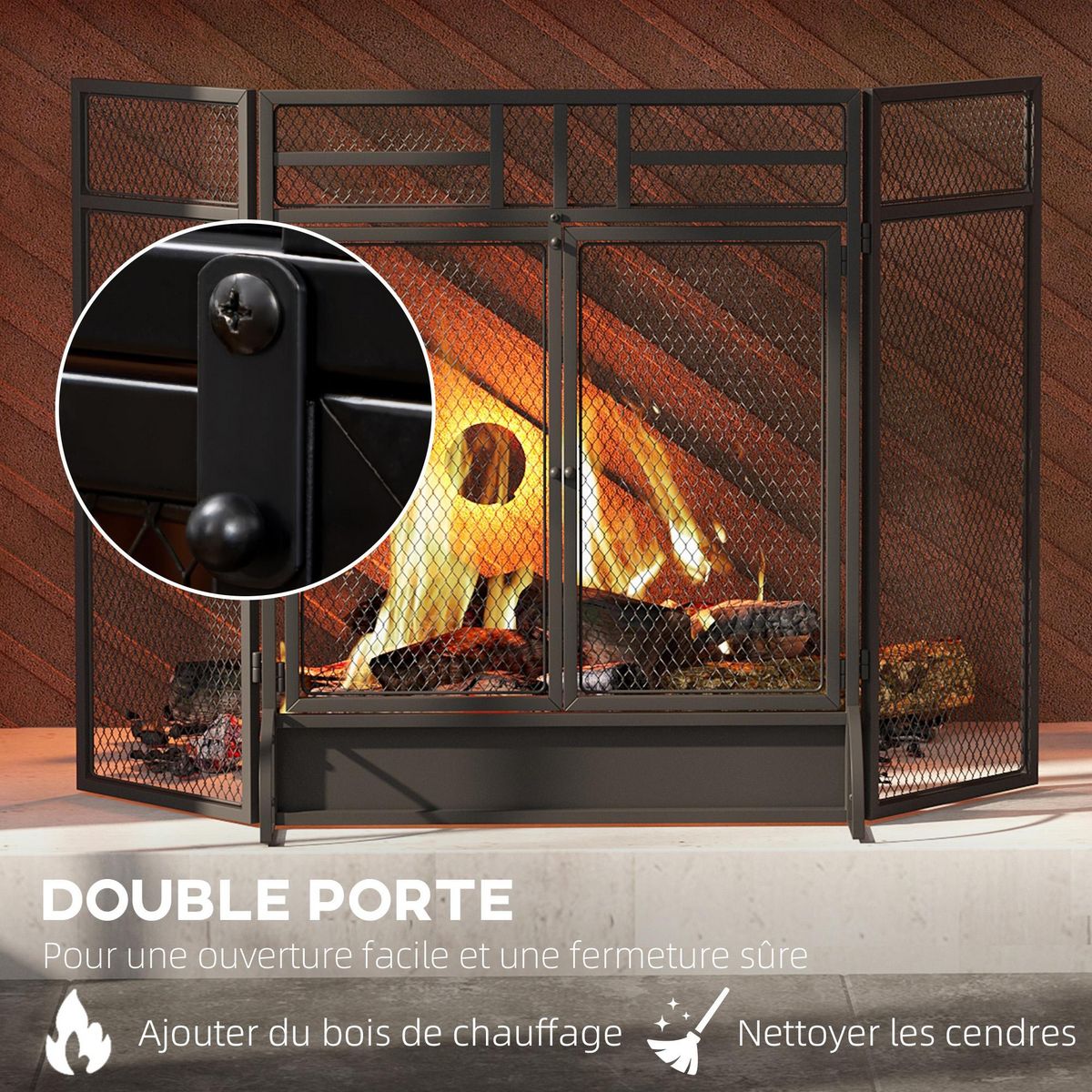 HOMCOM Pare-feu large pour cheminée ou poêle - pare-étincelles - 3 volets pliables et double porte - métal noir