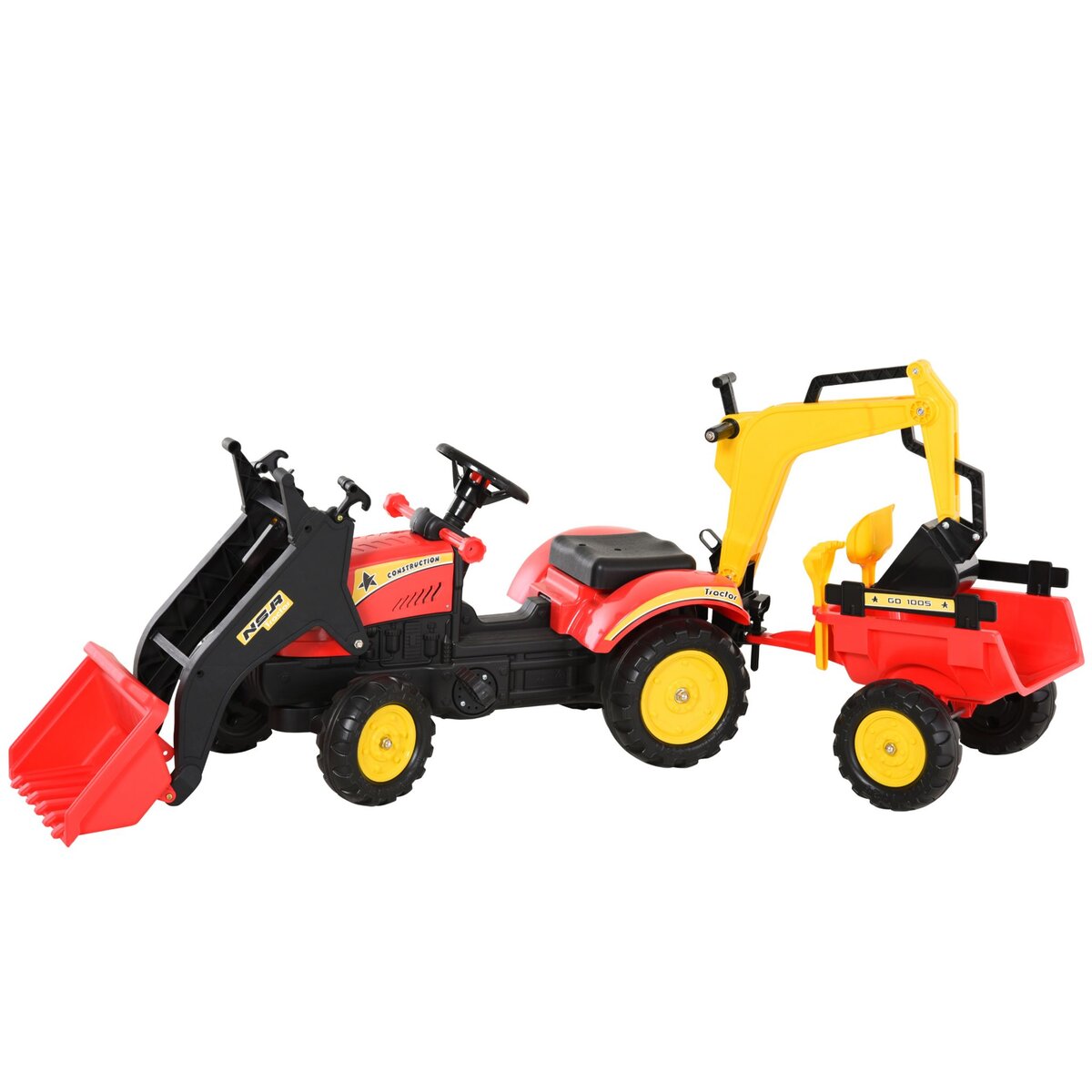 HOMCOM Tracteur à pédales tractopelle double avec remorque pelle et rateau jeu de plein air enfants 3 à 6 ans rouge noir