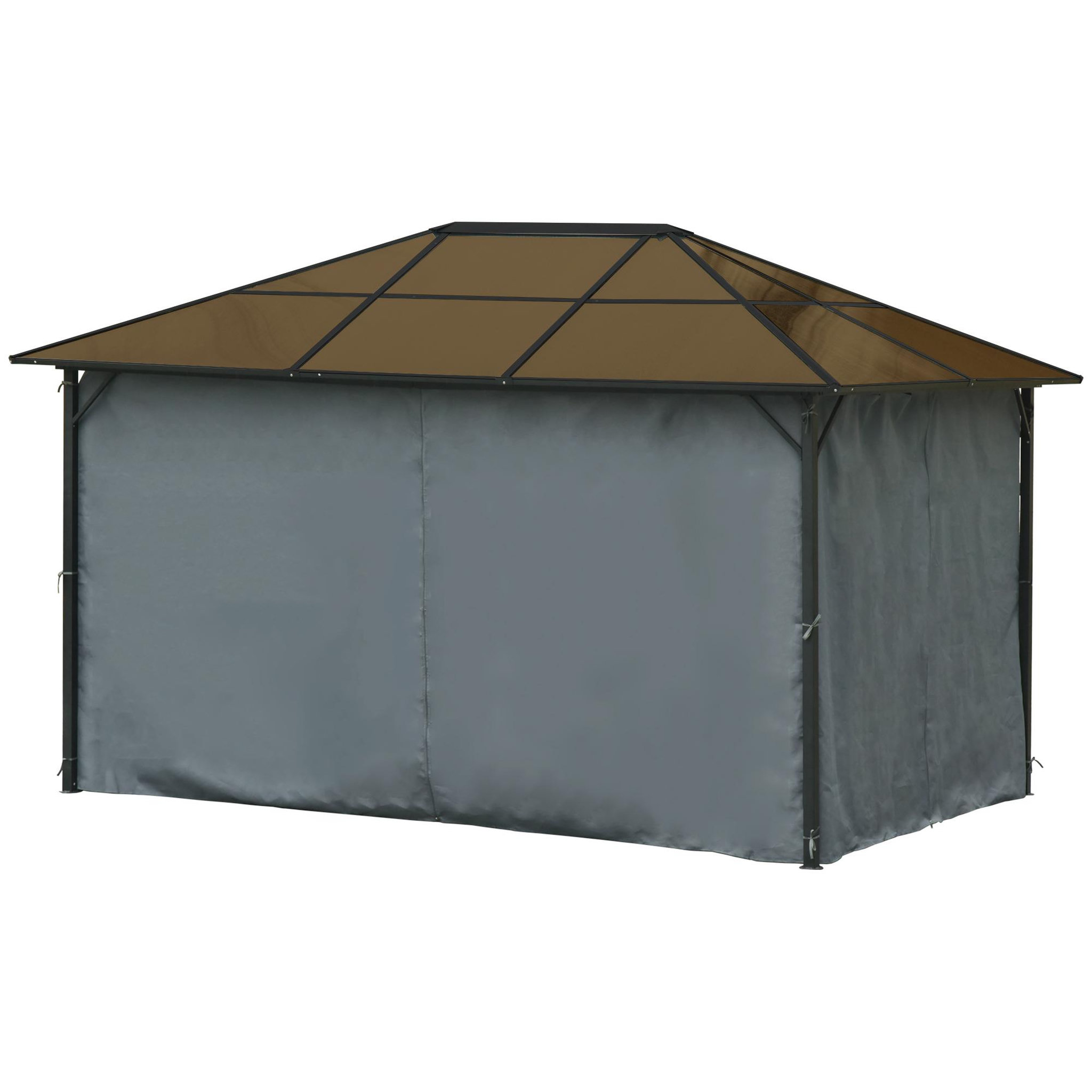 Voir la diapositive 4 : OUTSUNNY Pavillon de jardin tonnelle rigide dim. 4L x 3l x 2,65H m 4 parois latérales anti-UV gris 4 moustiquaires zippées alu. métal polycarbonate noir brun