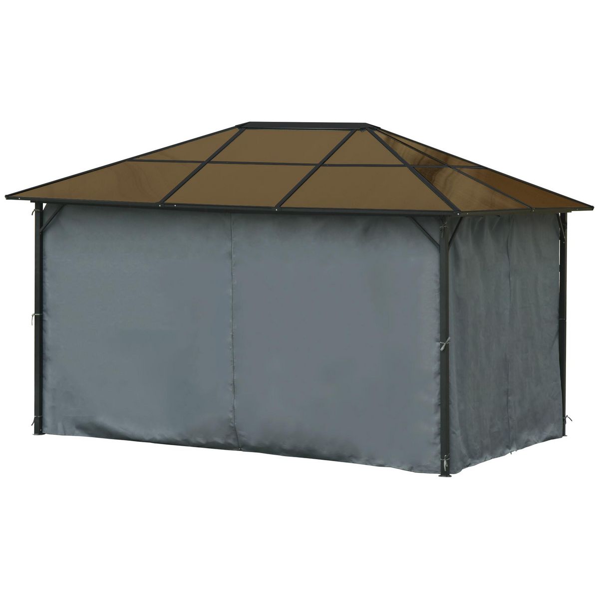 OUTSUNNY Pavillon de jardin tonnelle rigide dim. 4L x 3l x 2,65H m 4 parois latérales anti-UV gris 4 moustiquaires zippées alu. métal polycarbonate noir brun