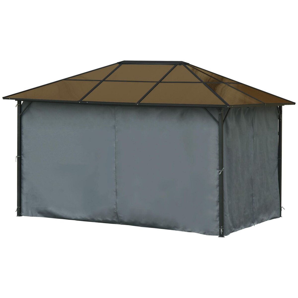 OUTSUNNY Pavillon de jardin tonnelle rigide dim. 4L x 3l x 2,65H m 4 parois latérales anti-UV gris 4 moustiquaires zippées alu. métal polycarbonate noir brun
