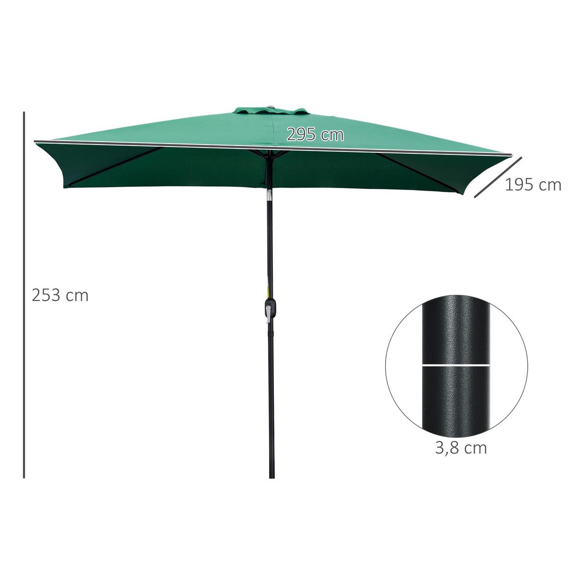 OUTSUNNY Parasol inclinable rectangulaire métal polyester haute densité 2,95L x 1,95l x 2,4H m vert