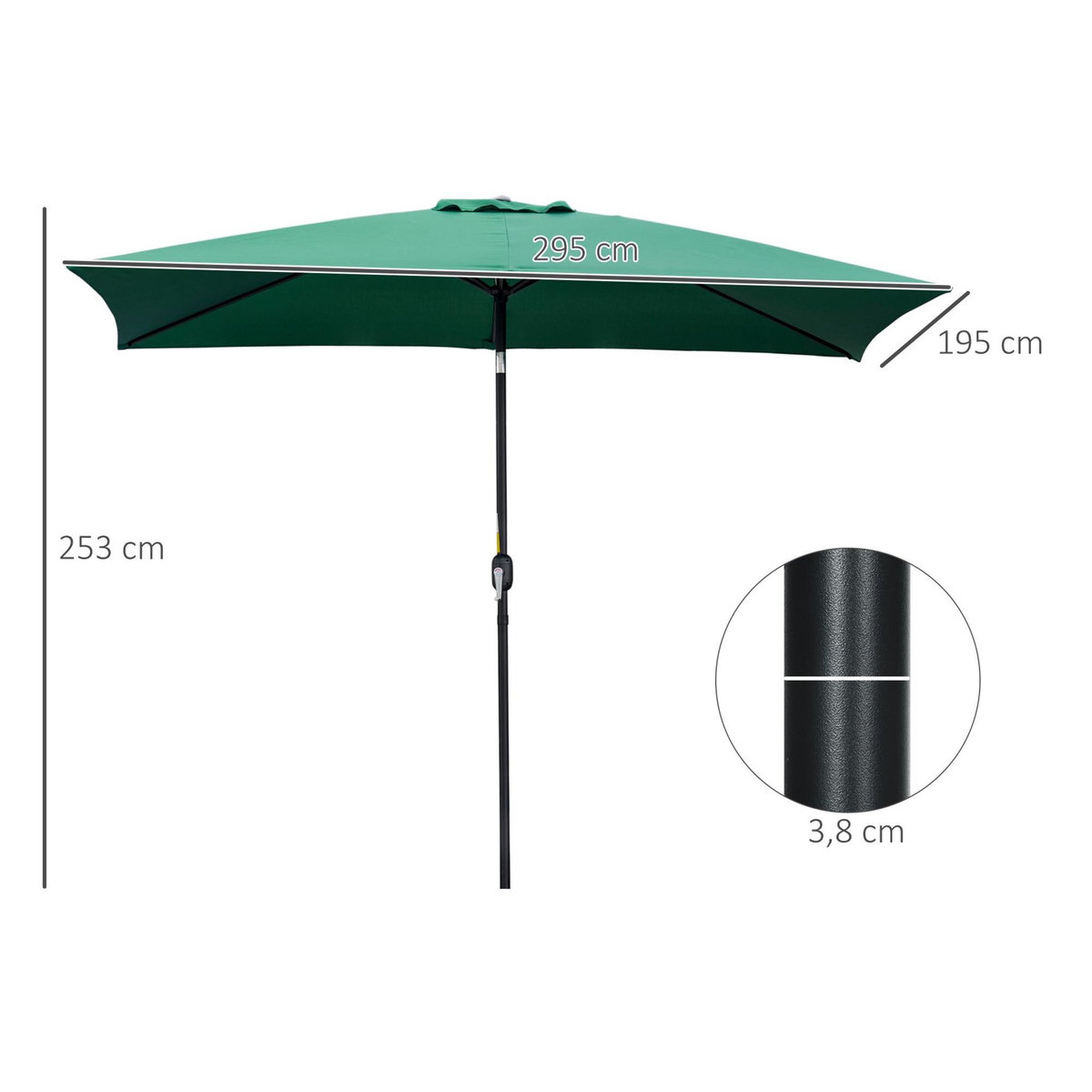 OUTSUNNY Parasol inclinable rectangulaire métal polyester haute densité 2,95L x 1,95l x 2,4H m vert