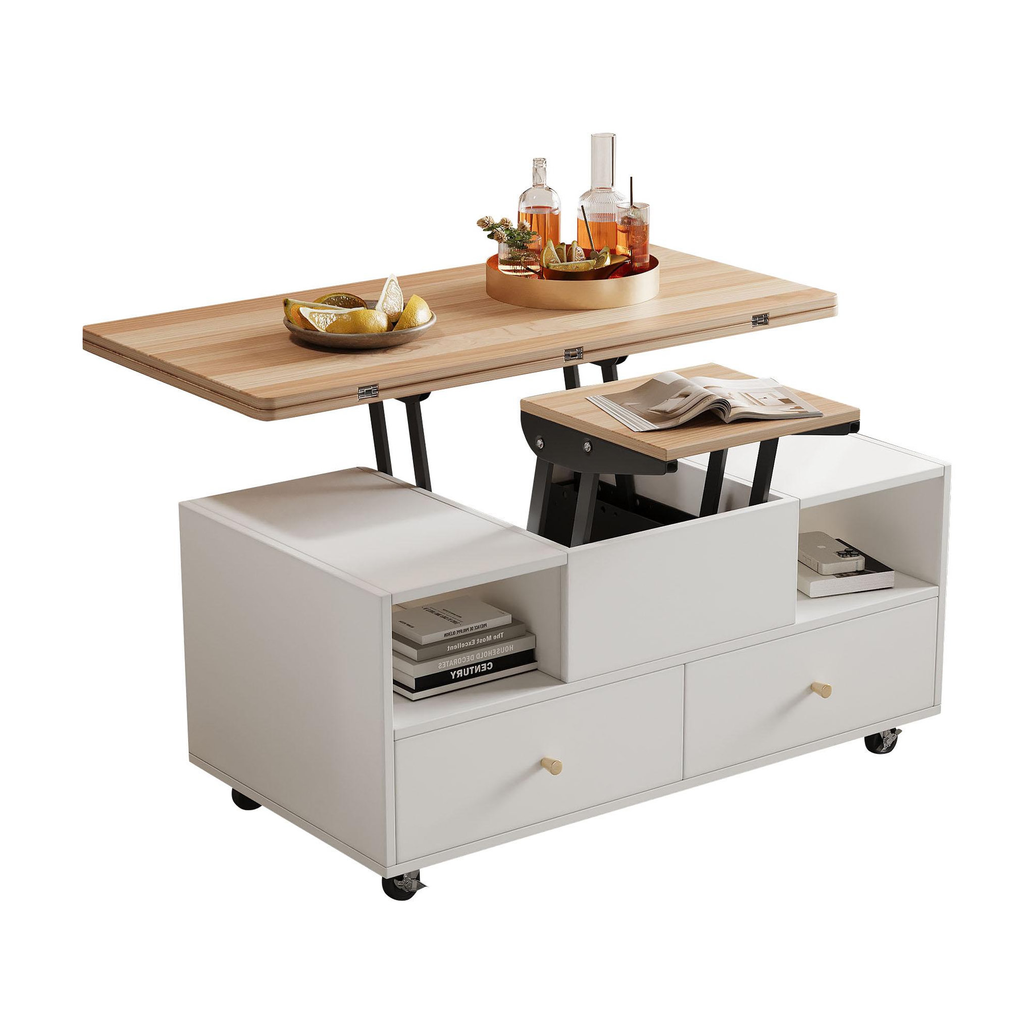 MERAX Table basse plateau relevable rectangulaire blanc+naturel - 50x100 cm mdf