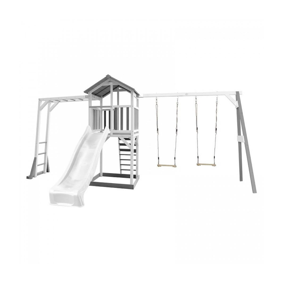 Axi House AXI Structure de jeu Beach Tower Blanc Gris avec cadre d'escalade et 2 balancoires et toboggan Blanc