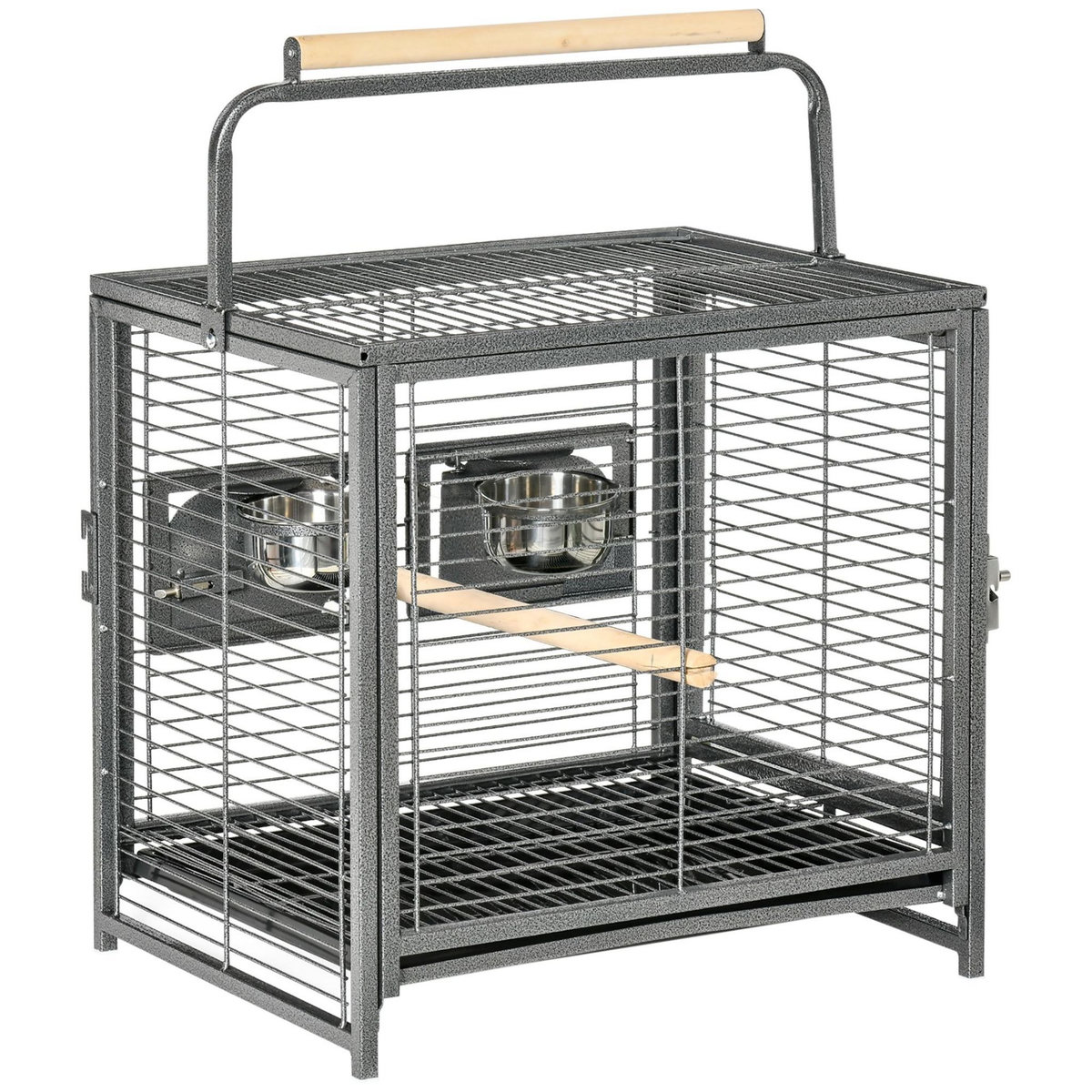 PAWHUT Cage de transport oiseau - cage de transport pour perroquet - porte, 2 trappes de nourrissage - acier gris moucheté