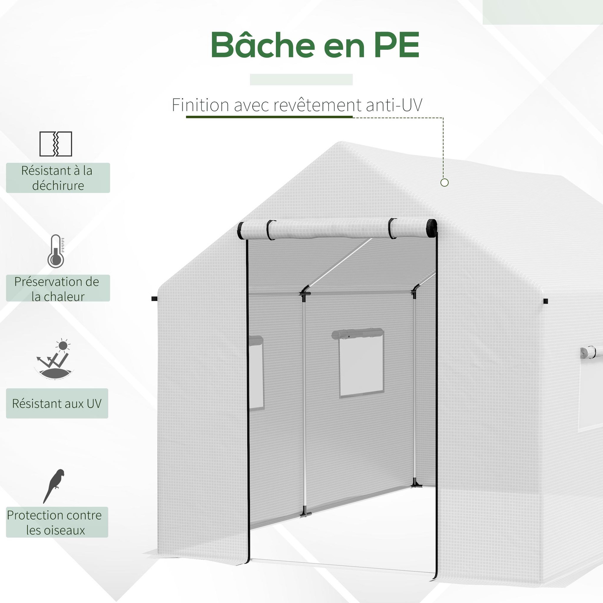 Voir la diapositive 5 : OUTSUNNY Serre de jardin tunnel 6 m² porte 4 fenêtres acier galvanisé pe blanc