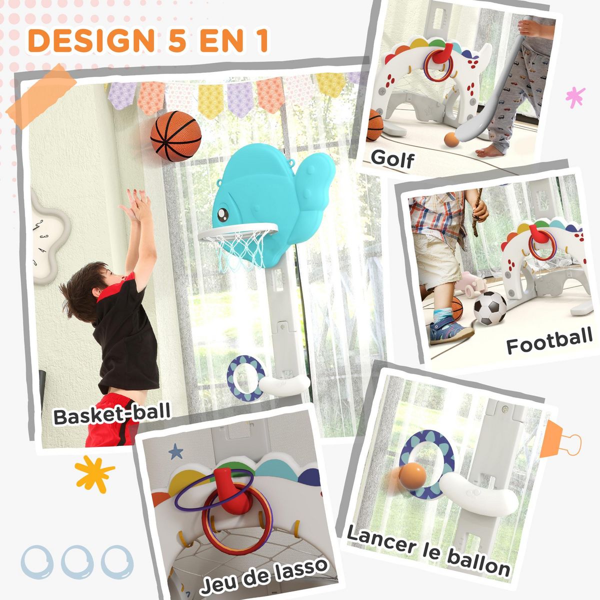 HOMCOM Panier de basketball enfant but de foot jeu de golf lancer d'anneaux et balle 5 en 1 HDPE bleu blanc gris