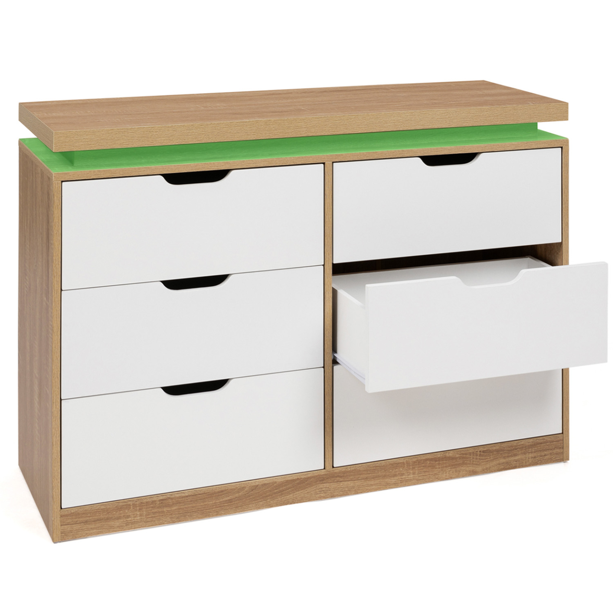 Voir la diapositive 4 : ID MARKET Commode 6 tiroirs luna à leds 115 cm blanc et effet bois