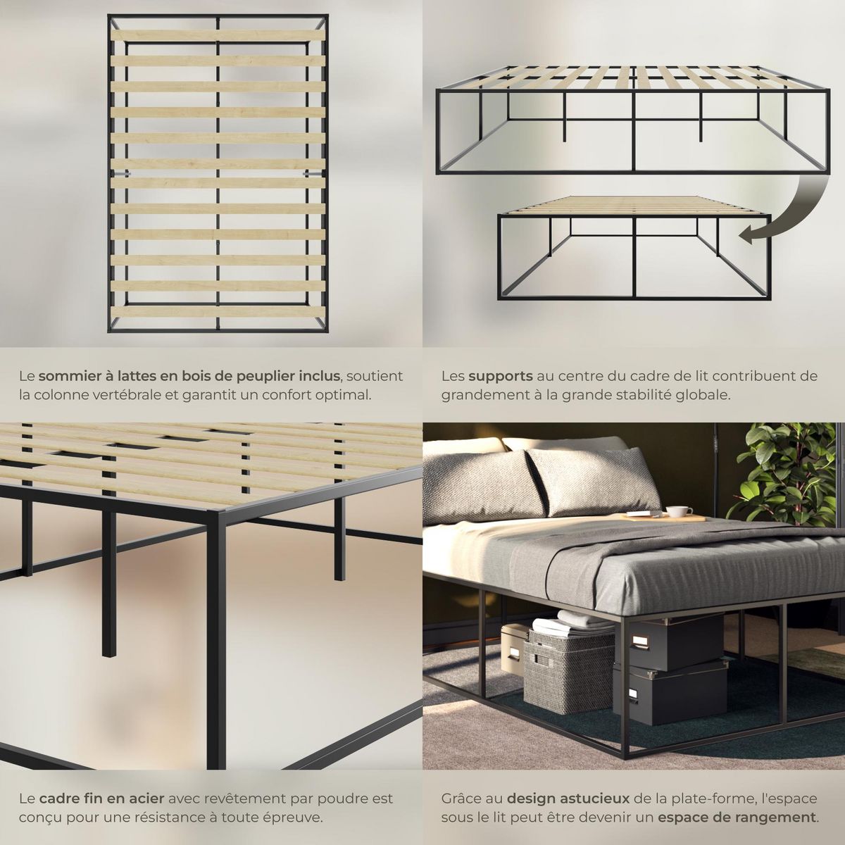 tectake Cadre de lit structure en acier robuste noir 140 x 200 x 46,5 cm