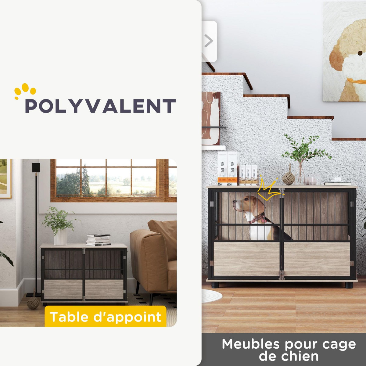 PAWHUT Cage pour chien animaux style industriel - porte coulissante verrouillable - acier noir panneaux aspect bois