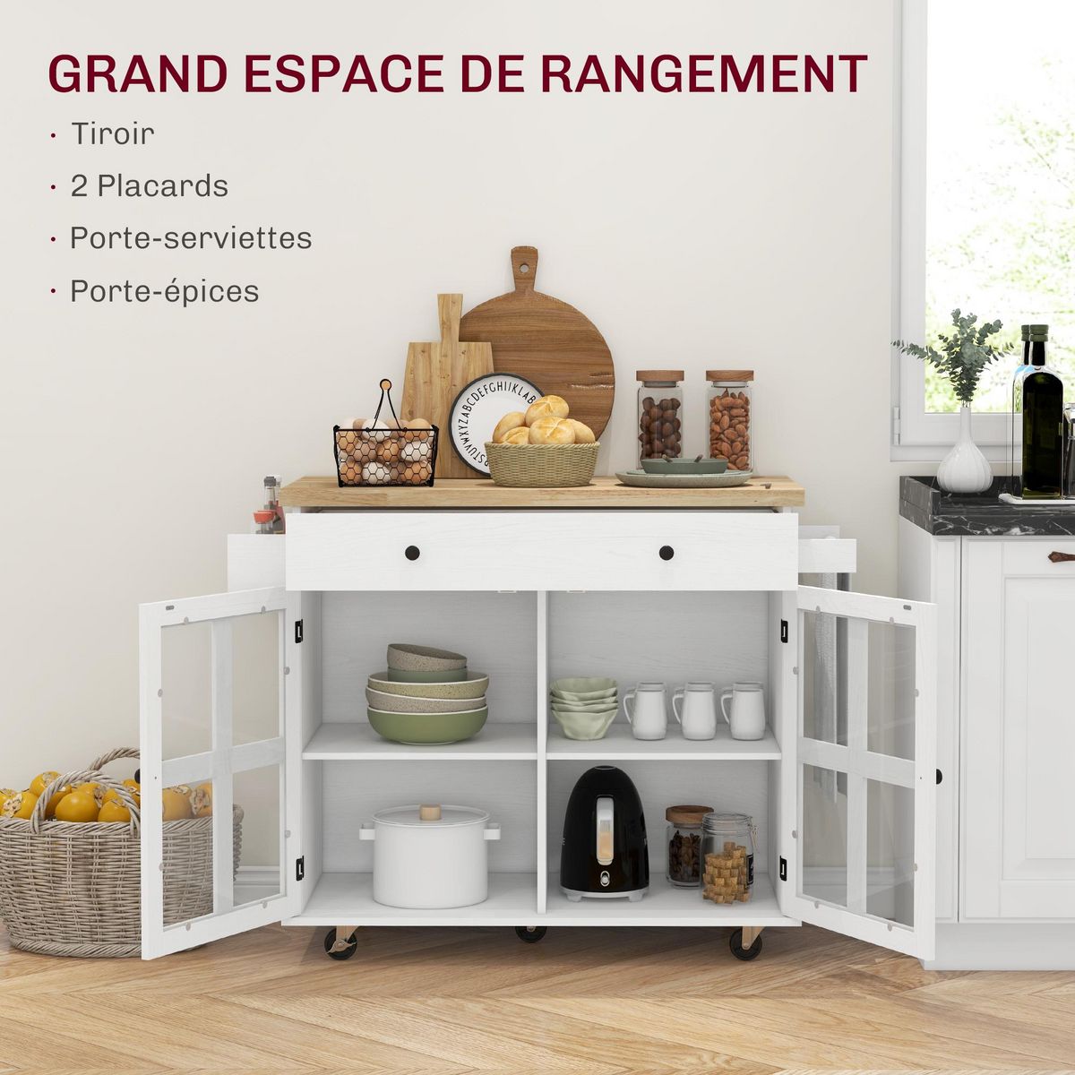 HOMCOM Desserte de cuisine multi-rangement - 2 portes, 2 étagères, tiroir, porte-épices, porte-torchon - blanc bois hévéa
