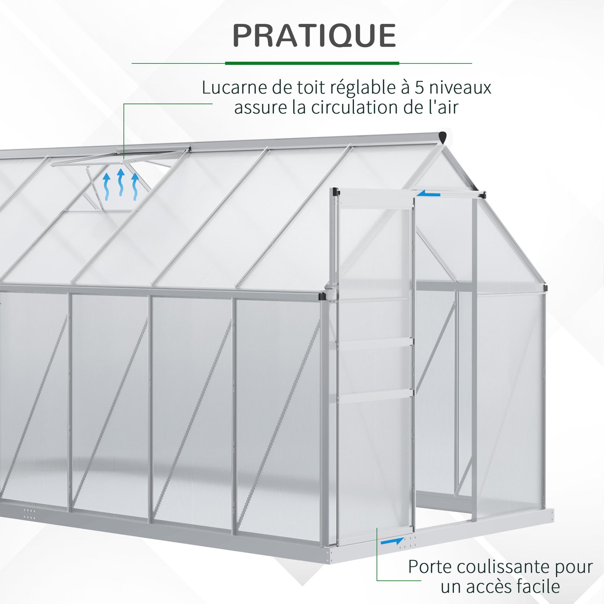Voir la diapositive 5 : OUTSUNNY Serre de jardin aluminium polycarbonate 7,12 m² dim. 3,75l x 1,9l x 2h m lucarne réglable fondation porte coulissante