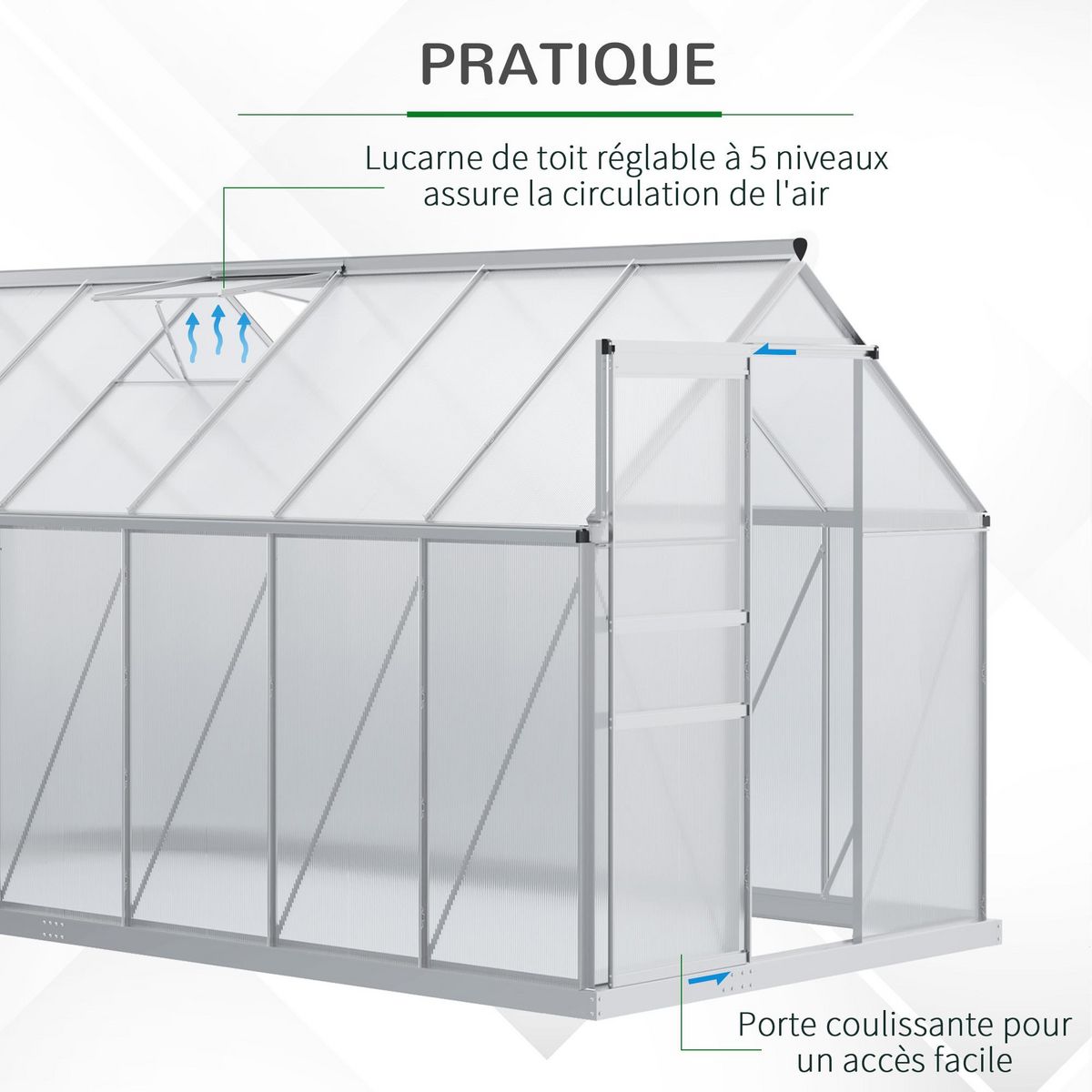 OUTSUNNY Serre de jardin aluminium polycarbonate 7,12 m² dim. 3,75L x 1,9l x 2H m lucarne réglable fondation porte coulissante