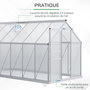 Voir la diapositive 5 : OUTSUNNY Serre de jardin aluminium polycarbonate 7,12 m² dim. 3,75L x 1,9l x 2H m lucarne réglable fondation porte coulissante